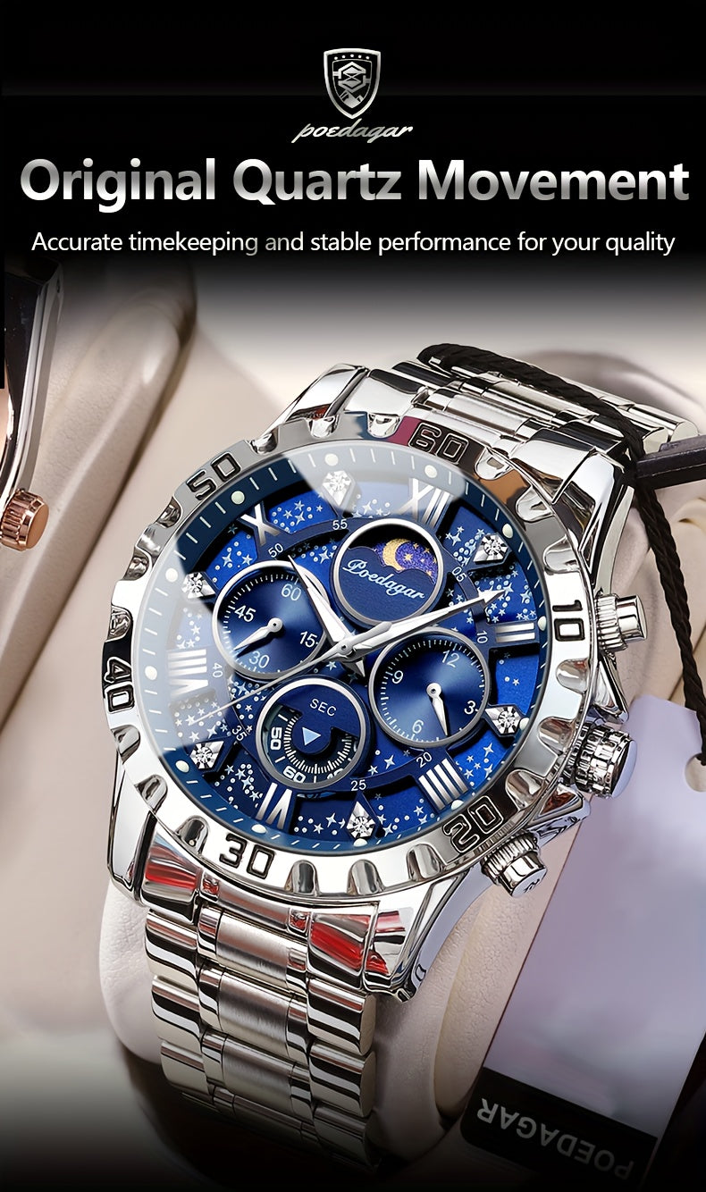 POEDAGAR Men'S Luxury Stainless Steel Quartz Watch with Moon Phase and Calendar - Waterproof, Night-Glow Hands, and Detailed Dial for Business and Formal Attire, Formal Watch | Detailed Watch Face | Quartz Movement