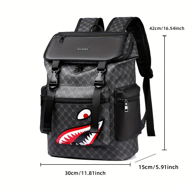 Men'S Stylish Black Backpack with Shark Graphic - Lightweight, Large Capacity, Multi-Functional Shoulder Bag for Travel, Commuting, School - Durable PVC Material, Sports & Fitness Design, Backpack for Travel