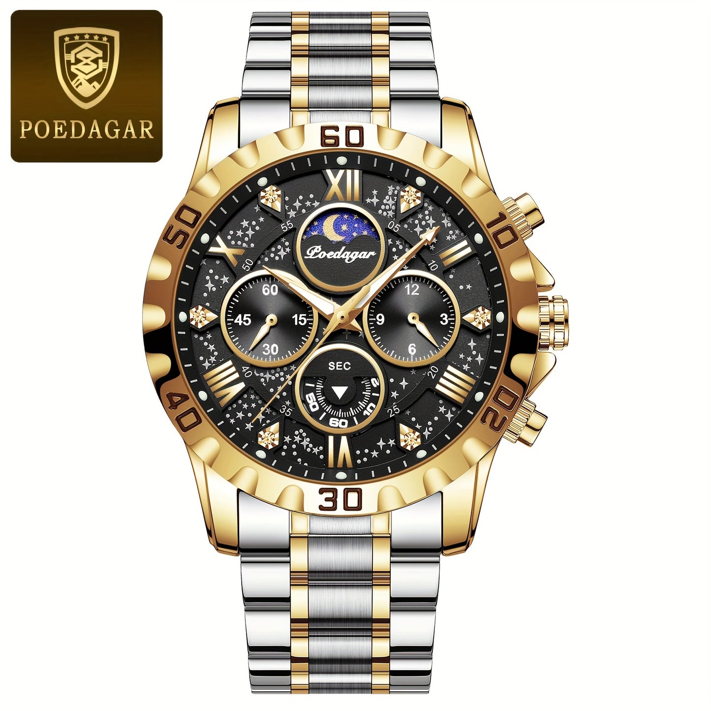 POEDAGAR Men'S Luxury Stainless Steel Quartz Watch with Moon Phase and Calendar - Waterproof, Night-Glow Hands, and Detailed Dial for Business and Formal Attire, Formal Watch | Detailed Watch Face | Quartz Movement