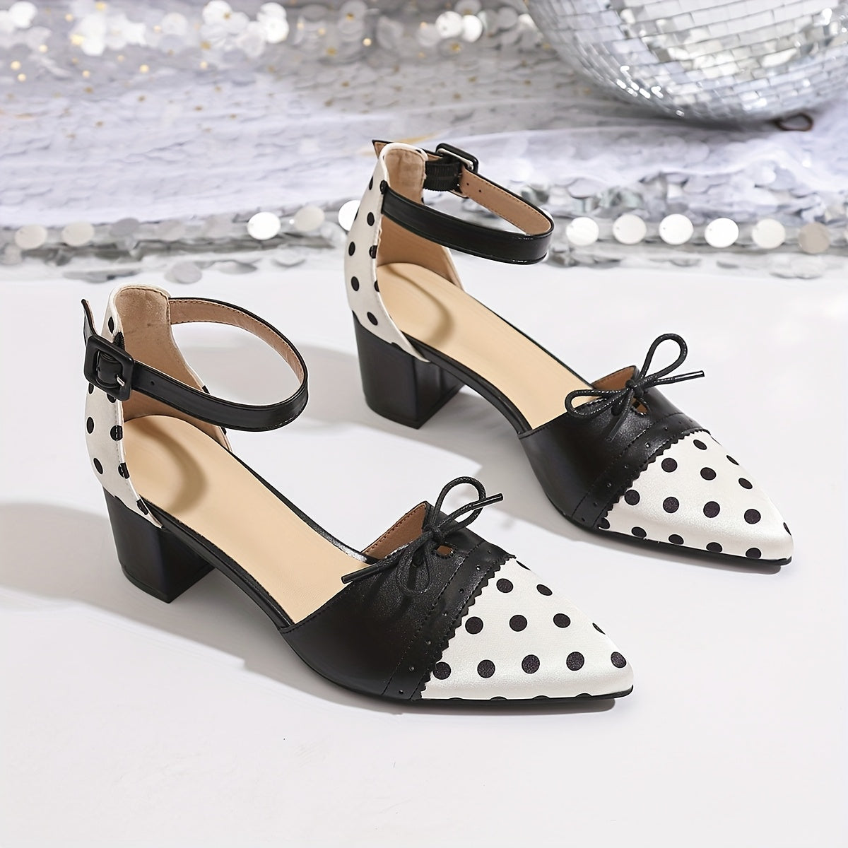 Women'S Sexy Polka Dot Mary Jane Pumps with Bow Detail - Pointed Toe, Block Heel, Ankle Strap, Summer Fashion Show Shoes, Hollow Design, Synthetic Cover & Rubber Sole, Summer Fashion Shoes | Polka Dot Pattern | Rubber Sole Fo