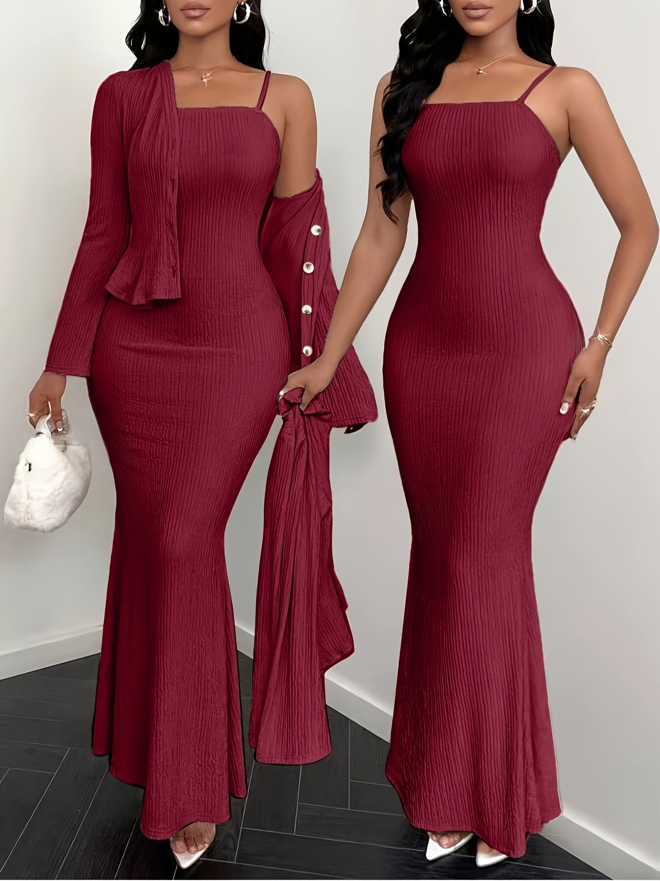 An elegant and stylish solid-color dress with a cardigan set, suitable for spring, summer, autumn, and winter seasons