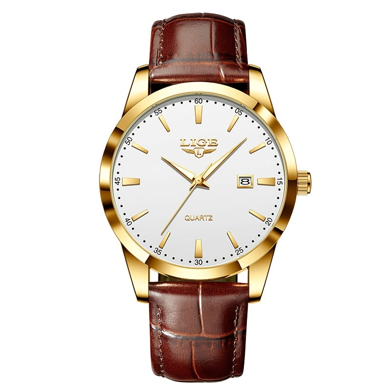 A Stylish Timepiece By LIGE Featuring A Blend Of Business And Casual Design, With A Faux Leather Strap, Alloy Case, And A Non-rechargeable Battery.