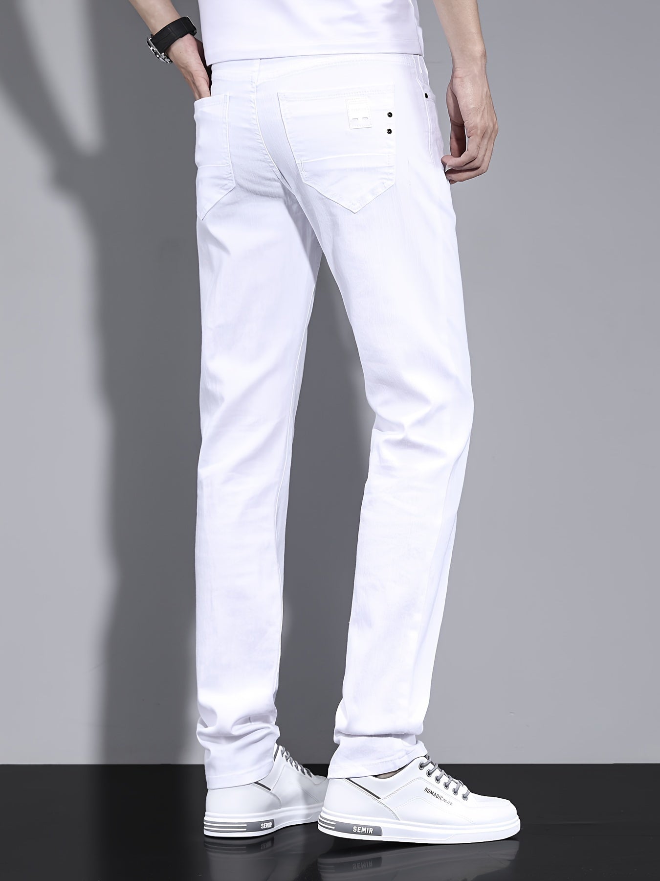 Men's Solid Washed Denim Trousers With Pockets, Causal Cotton Blend Jeans For Outdoor Activities