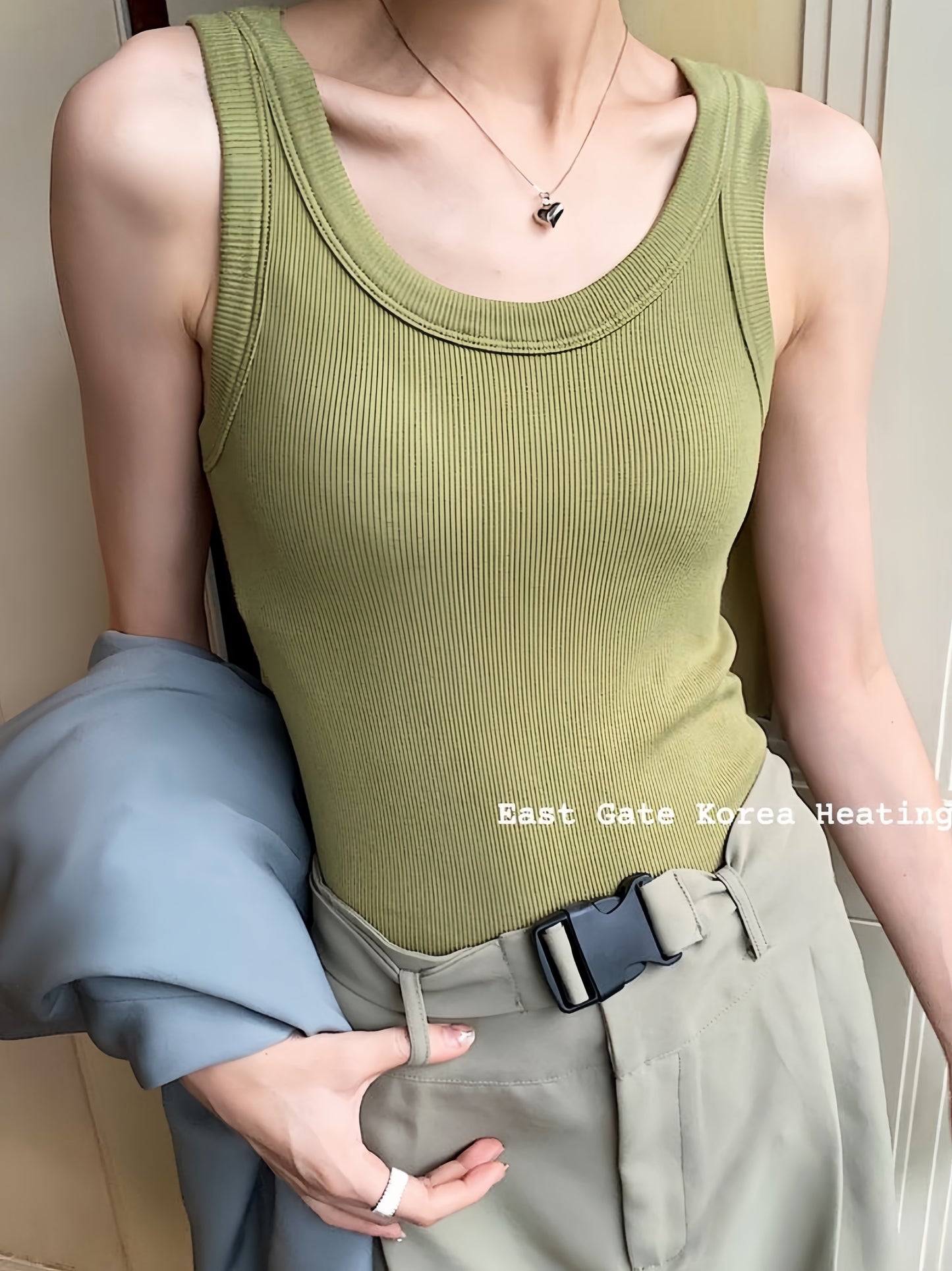 1pc Women'S Casual Ribbed Tank Top, Solid Color Knit Vest with Side Stripe Detail, Low Neck Polyester Camisole for All Seasons, Versatile Layering Piece