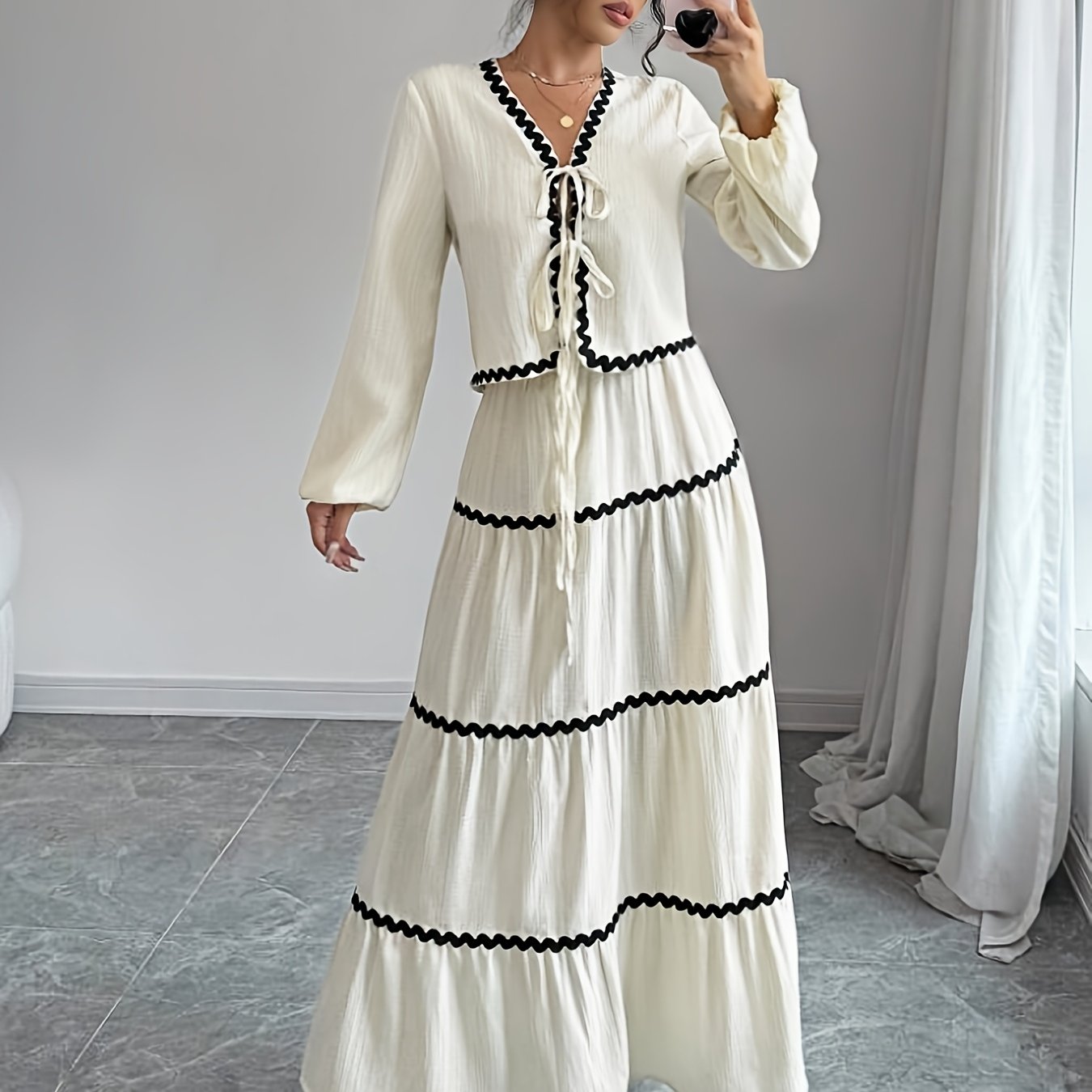 Women'S New Arrival Black and White Ruffled Lace Trim Long Sleeve Shirt with Tie Waist Umbrella Skirt Set, Stylish Elegant Vacation Commute Daily Wear Date Party Two-Piece Outfit Suitable for All Seasons