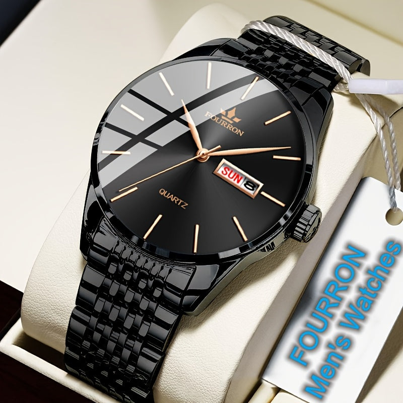 An Ideal Choice For A New FOURRON Brand Men's Luxury Stainless Steel Strap Simple Dial Quartz Watch With Date Calendar, Trendy Fashion Sports Casual Lifestyle Travel Multi-function Watch, Ideal For Friends' Birthdays, Holiday