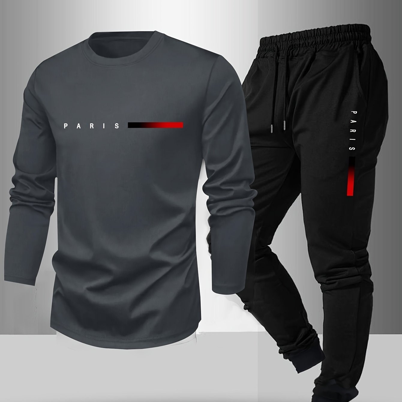 Men's Long Sleeve T-shirt and Pants Set, Spring/Autumn 2pcs set with Paris letter print round neck long sleeve T-shirt + drawstring outdoor casual sports pants set of 2