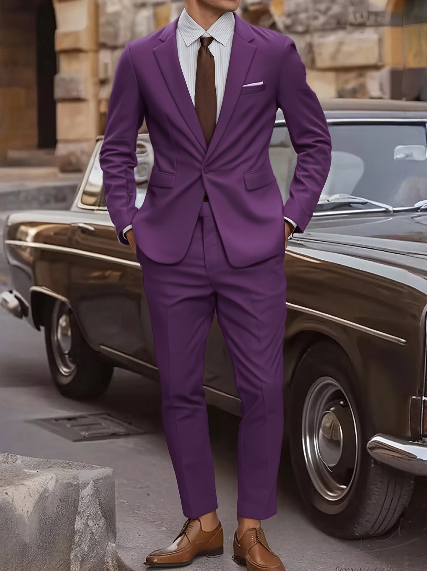 2pcs Men's Elegant Business Casual Suit Set - Includes Classic Lapel Blazer & Dress Pants, Polyester/Rayon Blend, with Pockets - Perfect for Weddings & Formal Occasions