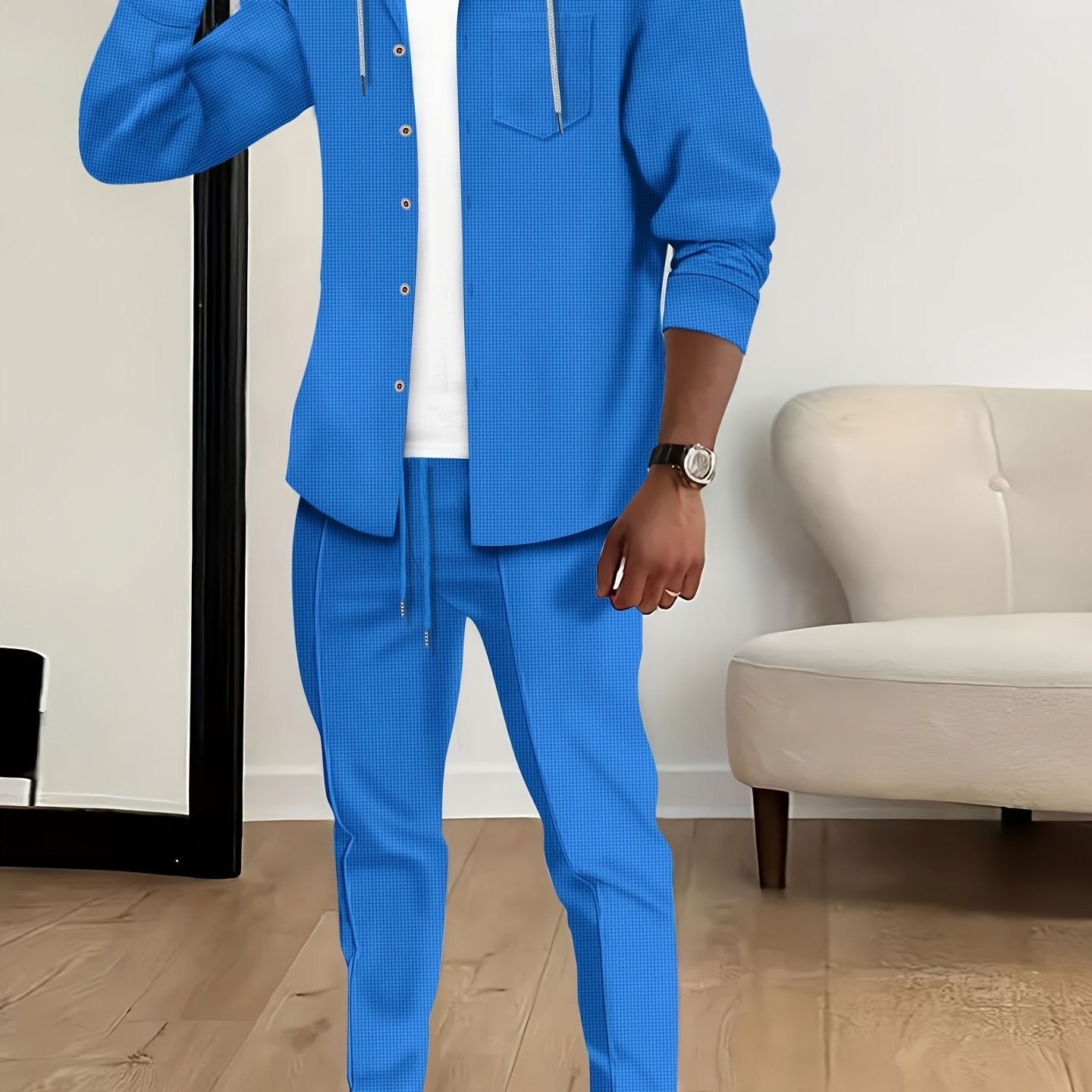 New Long Sleeve Buttoned Hooded Jacket and Rope Pants Set for Spring and Autumn, Waffle Solid Classic Men's Sports 2pcs Sports Suit - Sports Suit for Outdoor Sports Enthusiasts, Breathable and Comfortable