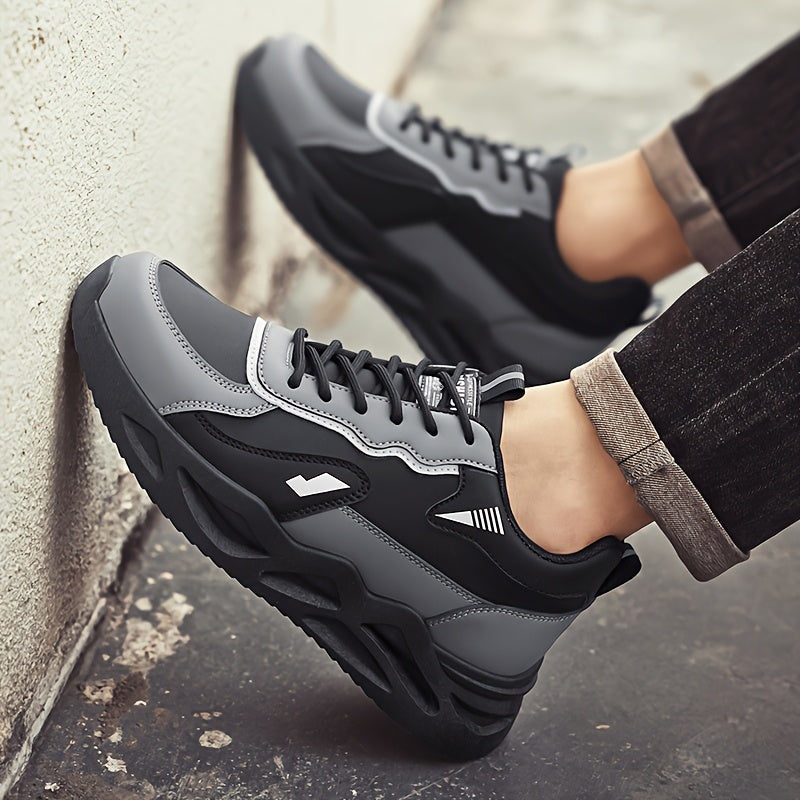 Men's Retro Sporty Casual Sneakers - Low-Top Breathable PU Upper, Cushioned EVA Insole & Durable PVC Outsole - All-Season Comfort for Daily Wear, Running & Casual Outings - Black