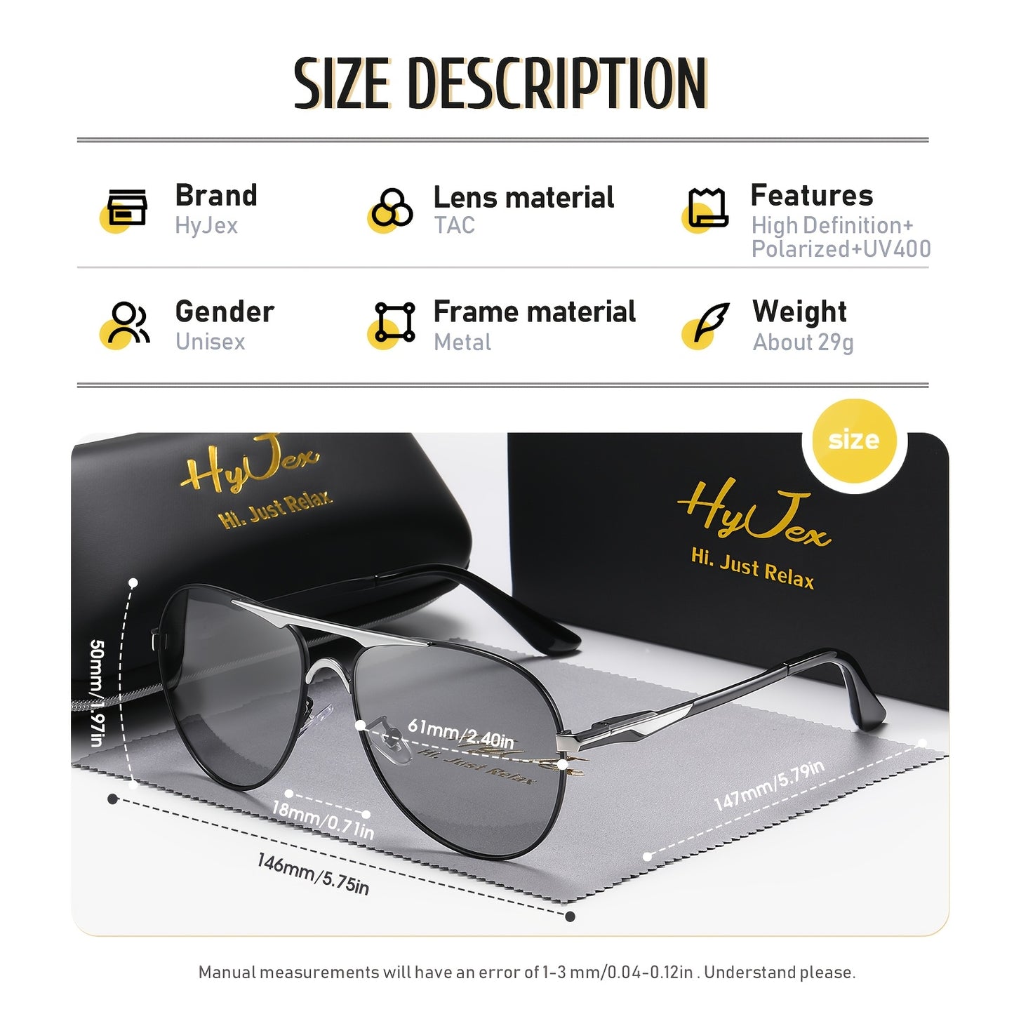 HYJEX Unisex Retro Polarized Glasses, UV400 Color-Changing TAC Lenses, Metal Frame, Anti-Fog Cloth & Case Included, Outdoor Travel Leisure Eyewear