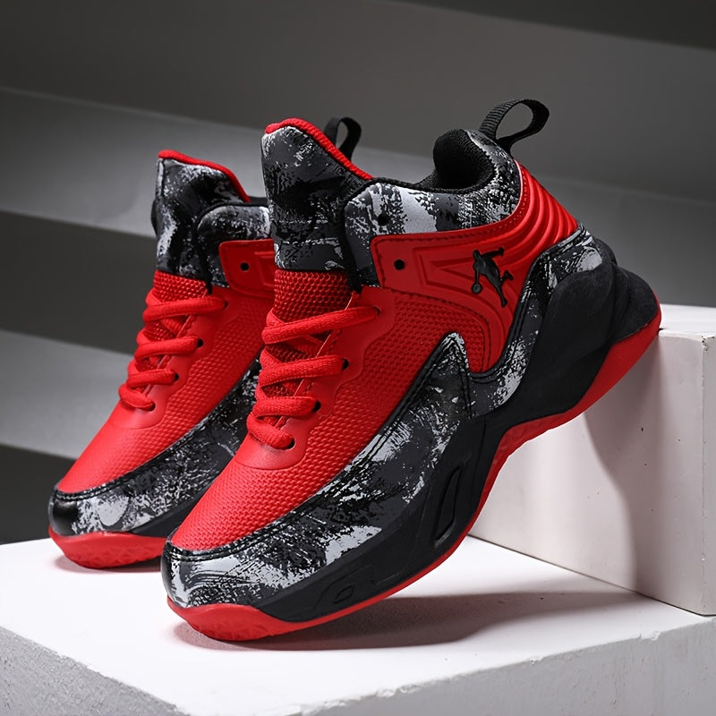 Youth Mid-Top PU Sports Sneakers - Comfortable, Lace-Up Basketball Shoes with Red & Black Design, TPR Sole for Outdoor Training, Running & Casual Wear, Basketball Shoes
