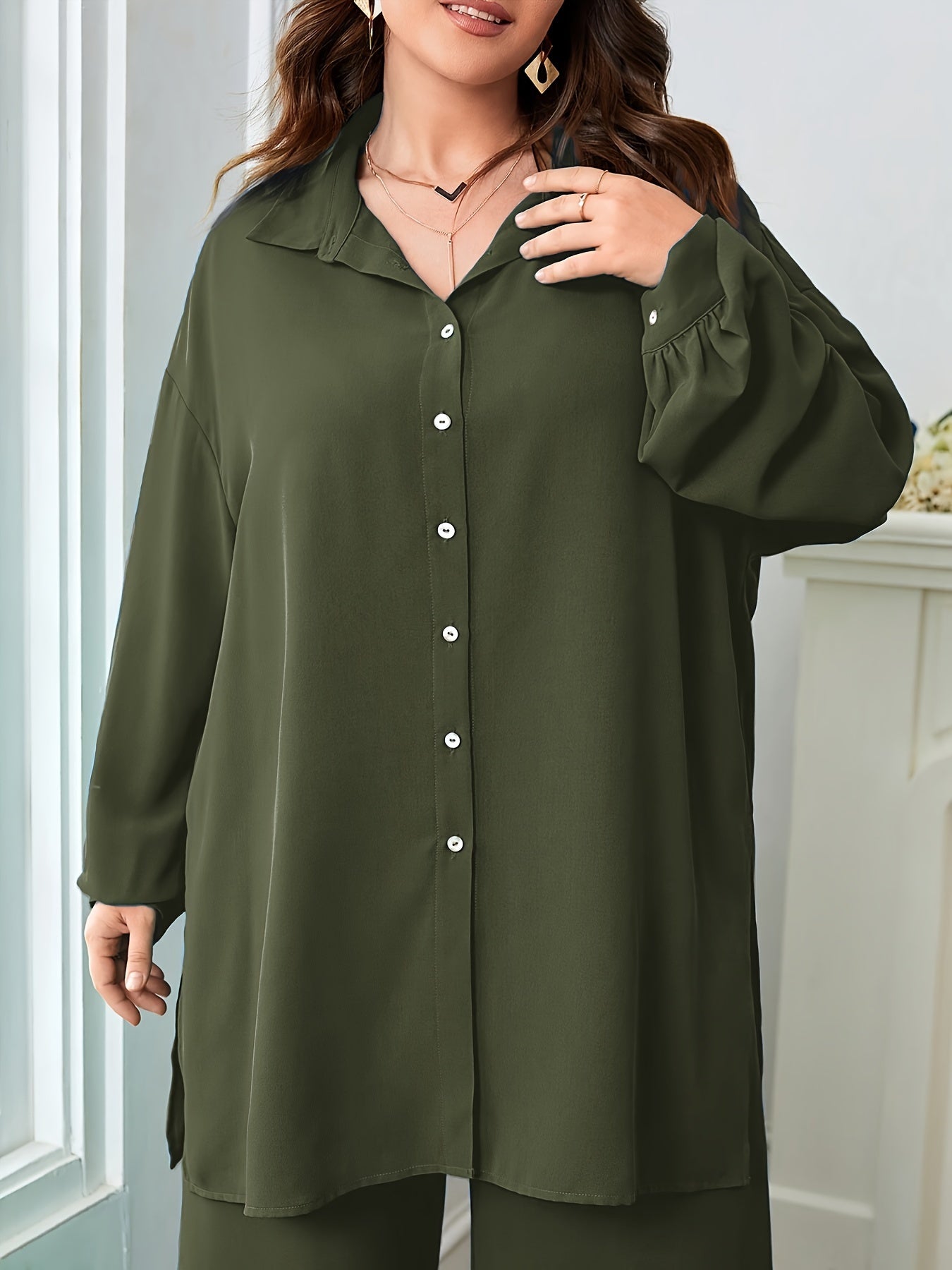Elegant Plus Size Women'S Two-Piece Set: Stylish V-Neck Blouse & Wide Leg Pants - Perfect for Formal Occasions, Plus Size Blouses