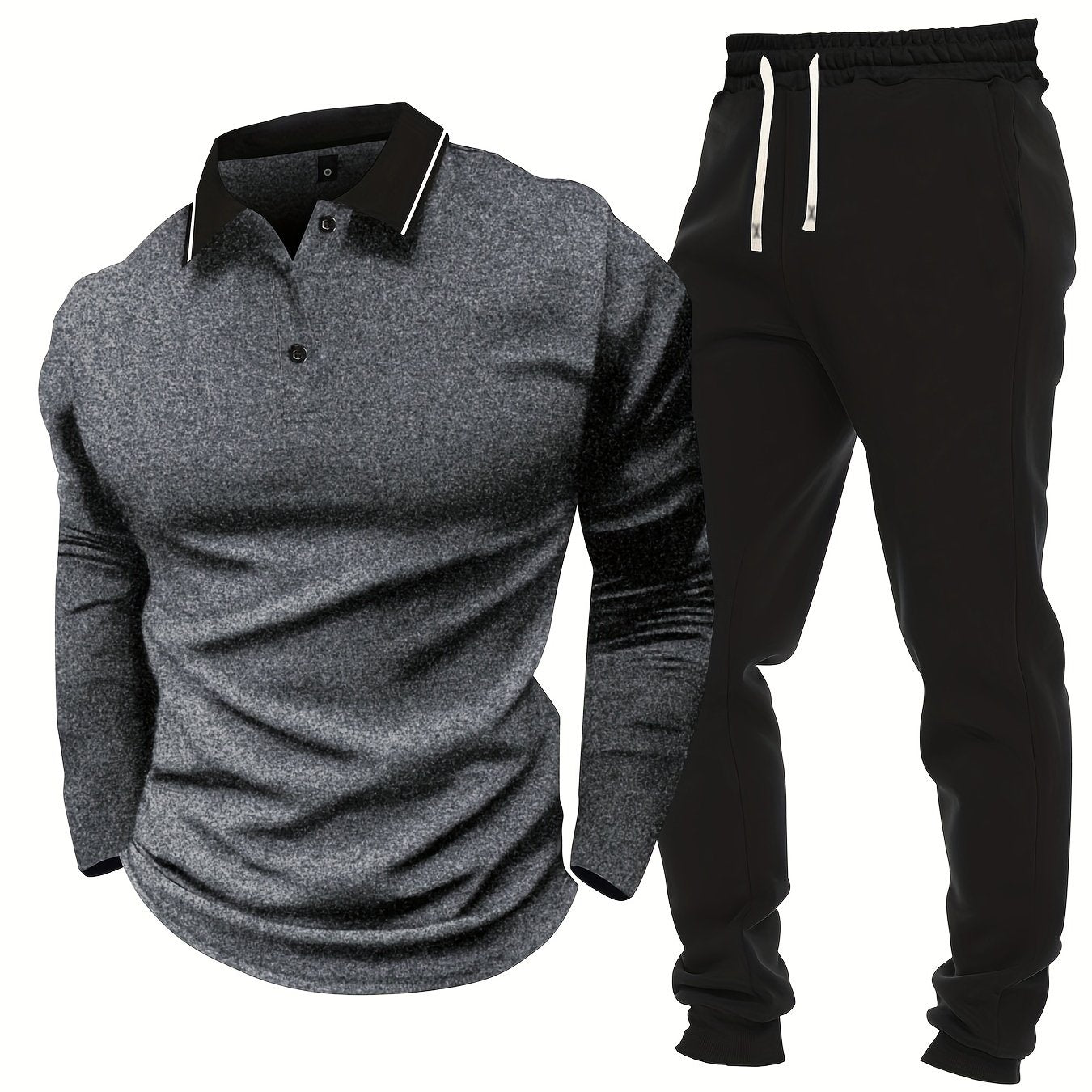 Men's Casual Color-Block Long Sleeve Button-Up Shirt & Drawstring Joggers Set - Polyester Blend, Pockets Included, Perfect for Spring/Fall