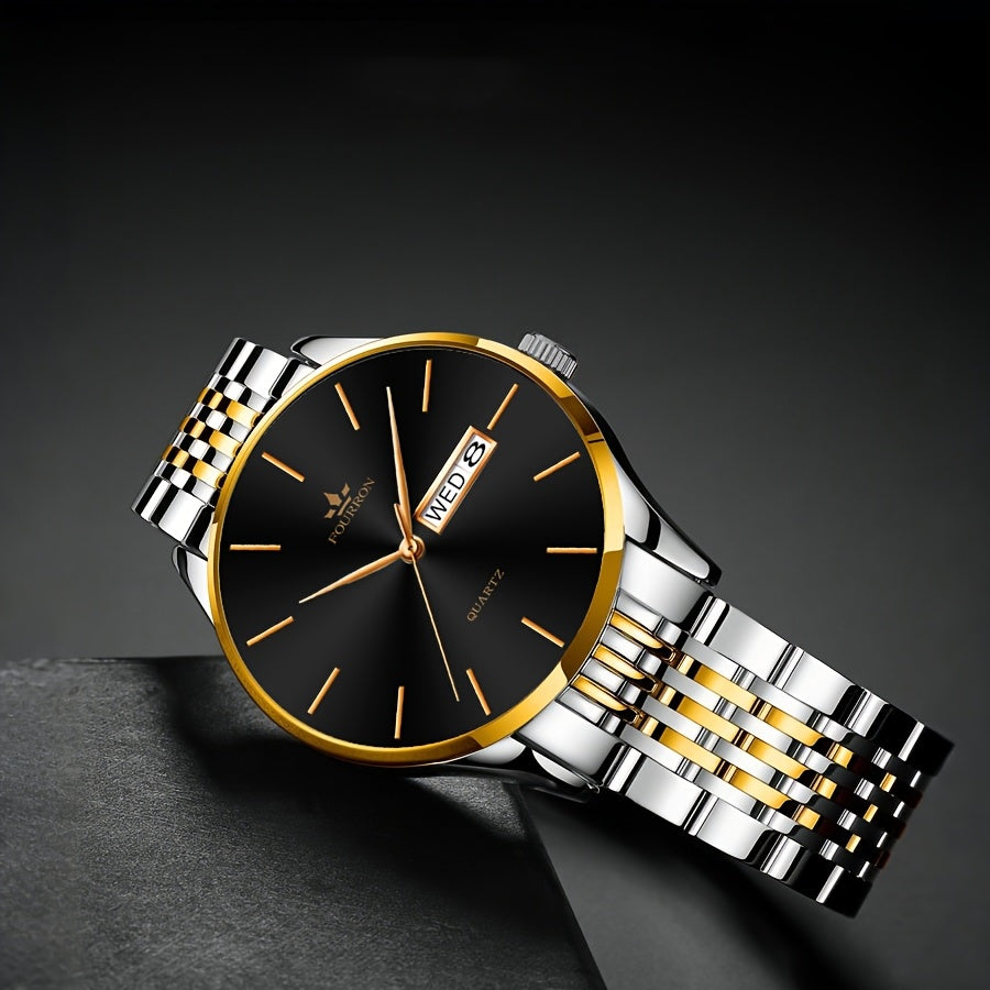 FOURRON Men's Luxury Stainless Steel Quartz Watch with Date & Calendar - Luminous, Fashionable Casual Design for Business, Travel & Casual Attire - Perfect Birthday Or Holiday Gift Valentine's Day