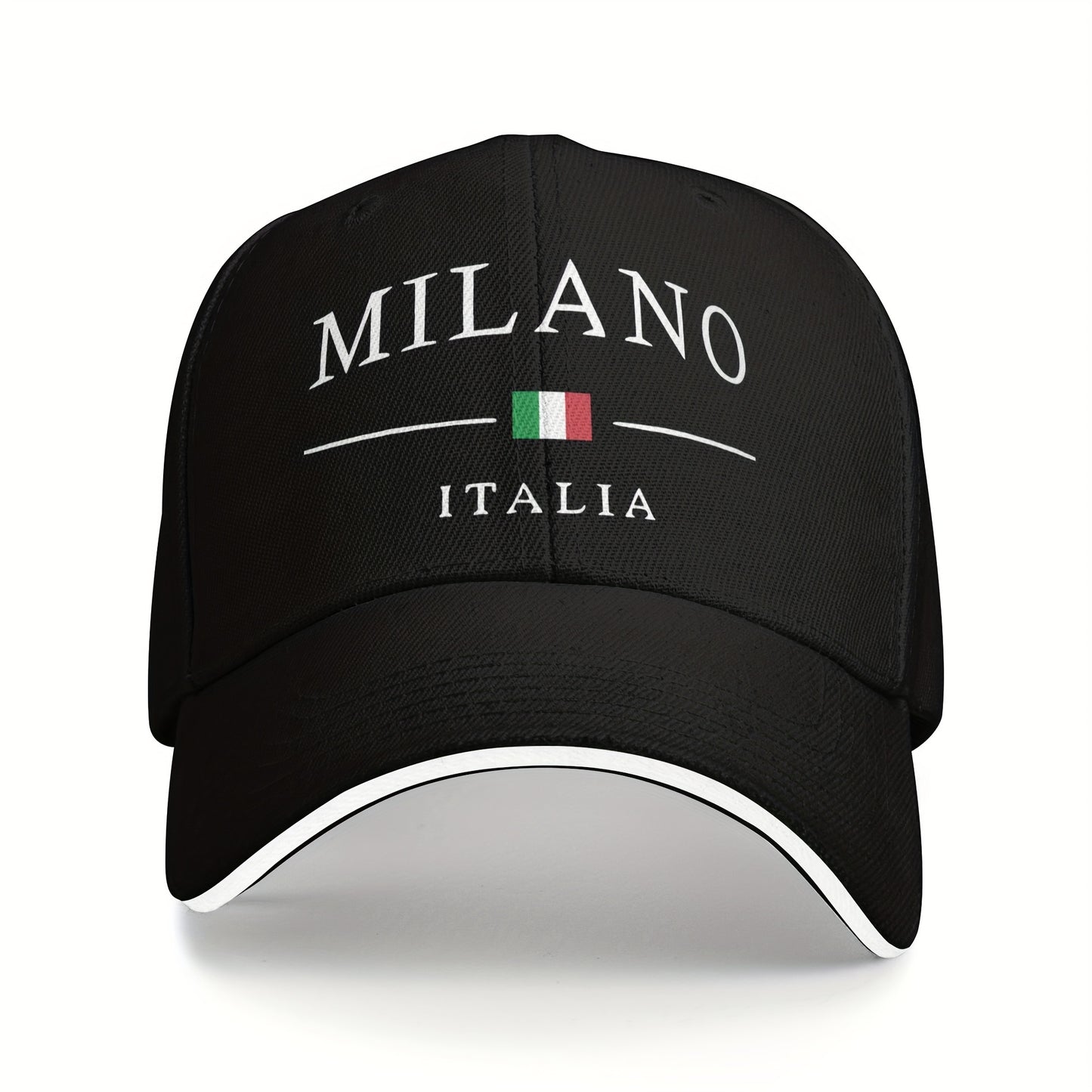 Adjustable Milan, Italy Print Baseball Cap - Breathable Polyester Dad Hat with Italian Flag Design, Black & White, Perfect for Outdoor Activities, Casual Wear, and Gifts
