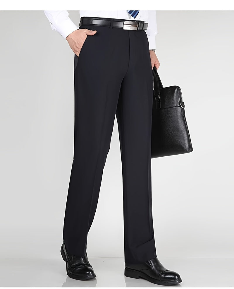 Men's Classic Straight Fit Pants - Lightweight Polyester Blend, High Waist, Button Closure, Suitable for Year-Round Wear
