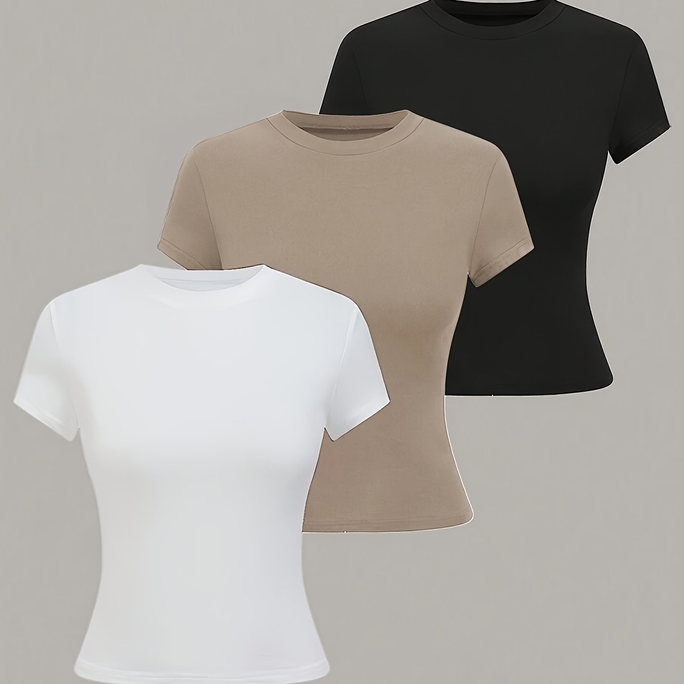3pcs Women'S Basic Crew Neck Short Sleeve Crop T-Shirts in Black, White, and Gray - Slim Fit, Stretchy Polyester Blend, Cute & Versatile for Spring/Summer, Casual Outings, Vacation Attire | Basic Crop Top | Textur