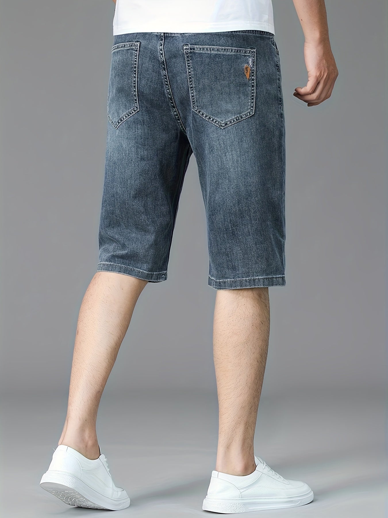 Men's Slim-Fit Denim Shorts - Casual Business Style, Mid-Waist, Stretch Fabric, Knee-Length with Pockets