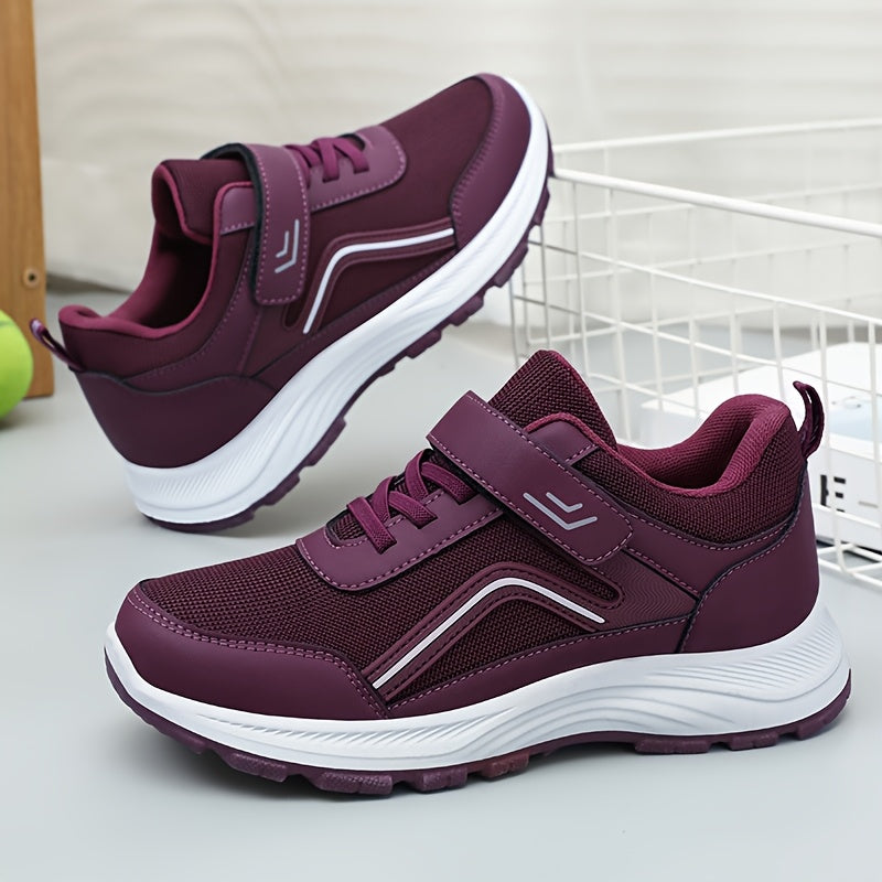 Women's Breathable Mesh Sneakers - Maroon Low-Top Casual Sneakers with Adjustable Hook-and-loop Fastener Strap & Laces, Comfortable Fabric Insole, All-Season Round Toe Design, Breathable Footwear | Stylish Mesh Sneakers | Adj