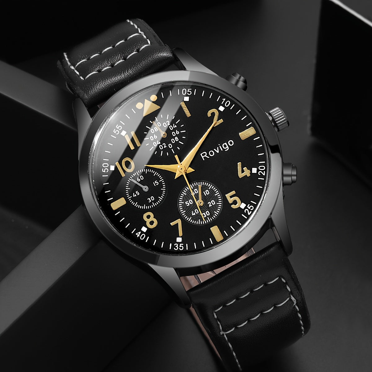 2pcs Men's Fashion Quartz Watch & Golden Dumbbell Beaded Bracelet Set - Casual Business Style, Faux Leather Strap, Alloy Case - Perfect Gift Box Included