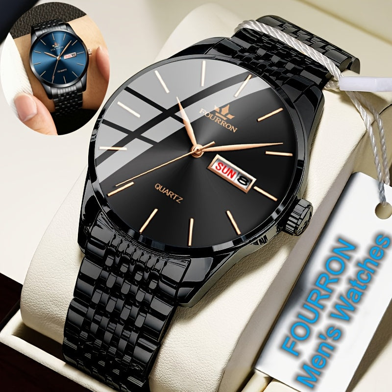 An Ideal Choice For A New FOURRON Brand Men's Luxury Stainless Steel Strap Simple Dial Quartz Watch With Date Calendar, Trendy Fashion Sports Casual Lifestyle Travel Multi-function Watch, Ideal For Friends' Birthdays, Holiday