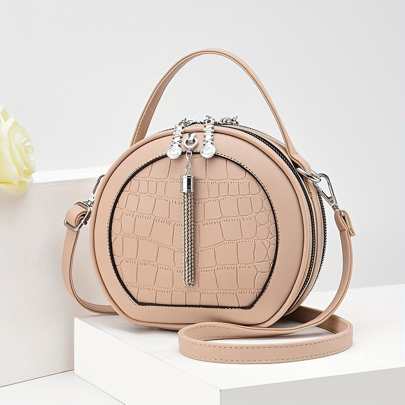 Round Crocodile Pattern Handbag, Fashion Mini Crossbody Bag, Women's Zipper Shoulder Purse