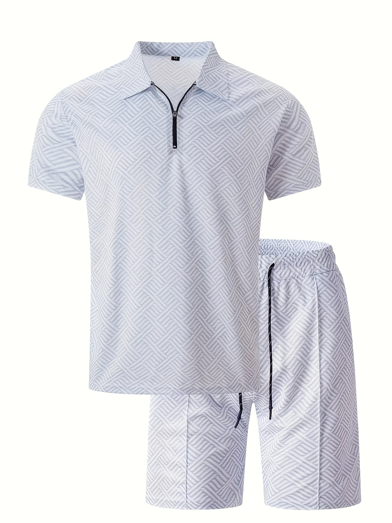 Men'S Tropical Print Casual Suit - Black Short Sleeve Zipper Shirt with White Pockets Shorts, Polyester, Machine Washable, Summer Beachwear, Summer Wear | Relaxed Fit Shirt | Woven Texture