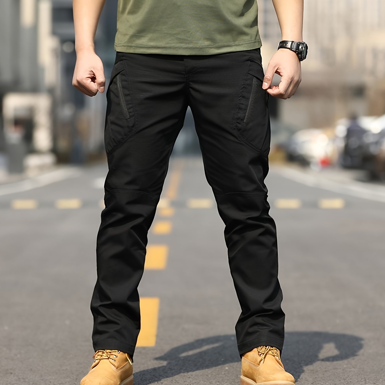 Men's Olive Green Tactical Cargo Pants - Durable Polyester, Multi-Pocket Design for Hiking & Outdoor Adventures, Machine Washable, Camping Gear
