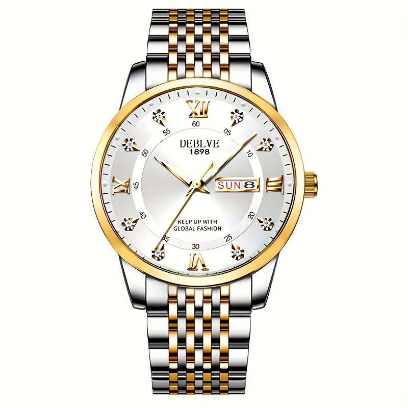 1pc Men'S Business Style Roman Dial Quartz Watch with Luminous Date and Day Display, Stainless Steel Alloy Strap, IPX7 Waterproof, Battery Operated, Elegant Fashion Accessory + Box