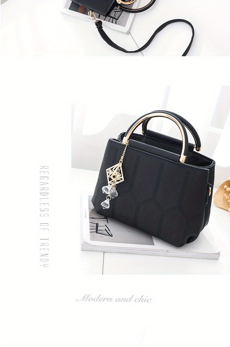 2025 New Women's Geometric Hexagon Pattern Crossbody Bag with Adjustable Strap & Golden-Tone Hardware - Zipper Closure, Polyester Lining, Multiple Colors (Khaki/Dark Gray/White/Pink/Red/Black) - Versatile for Casual & Formal