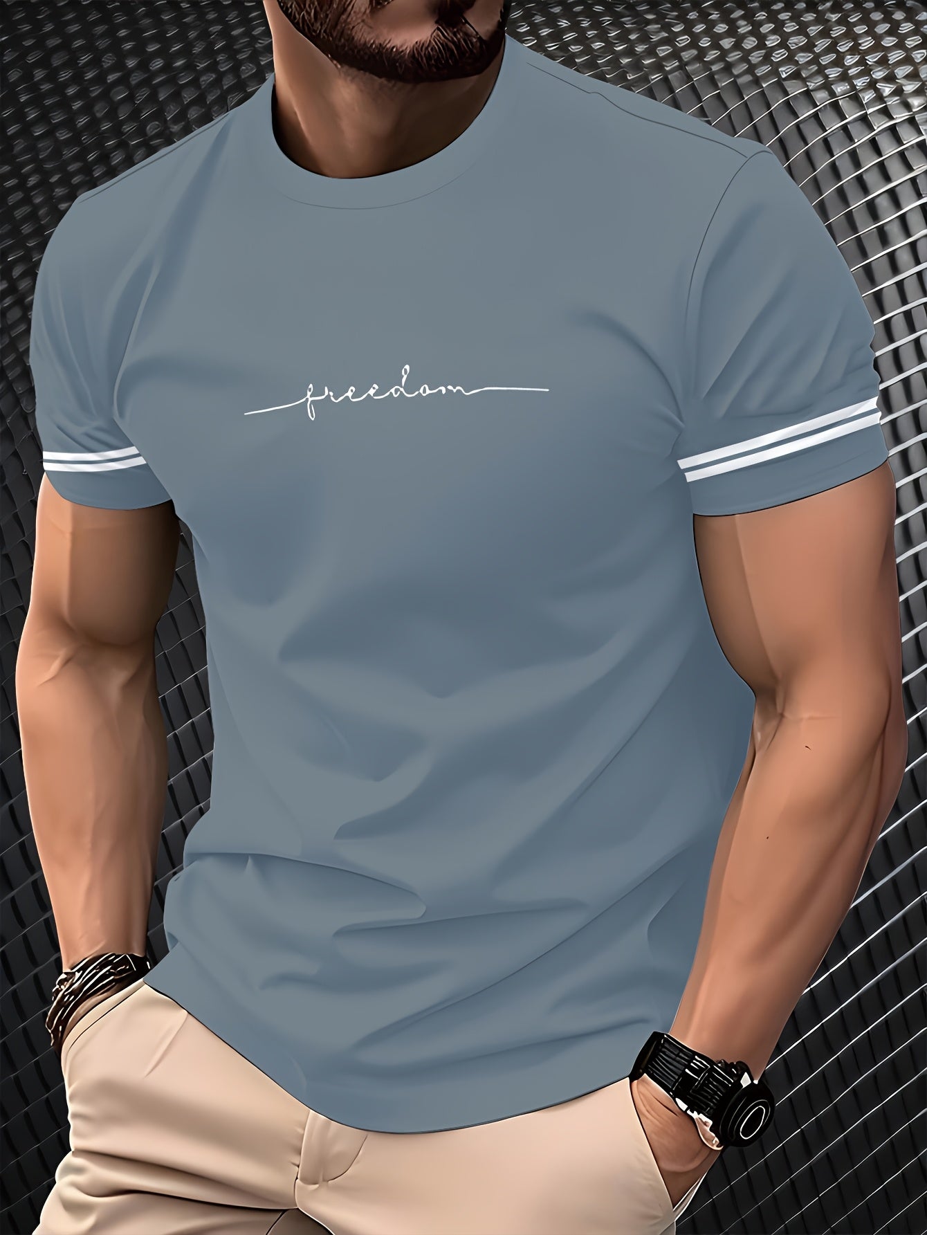 Men'S "Freedom" Graphic T-Shirt - Black Casual Crew Neck Tee with White Stripes, Breathable Polyester Blend, Regular Fit for Casual Attire, Everyday Tshirt | Bold Print Tee | Comfortable Fit, Knit
