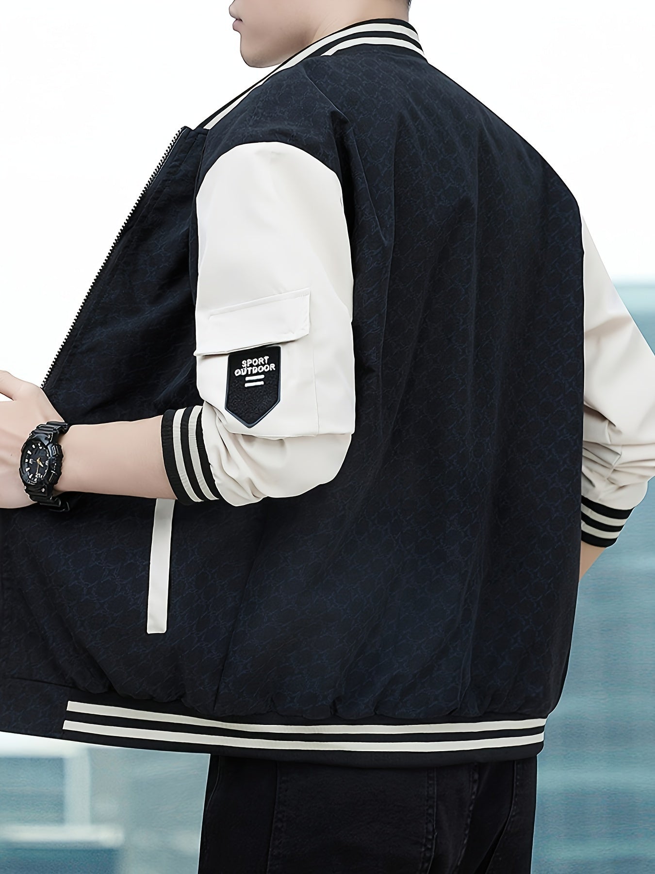 Men'S Lightweight Geometric Pattern Bomber Jacket - Casual Long Sleeve Zip-Up with Pockets, White & Gray, Polyester Lining, Perfect for Fall, Autumn Jacket