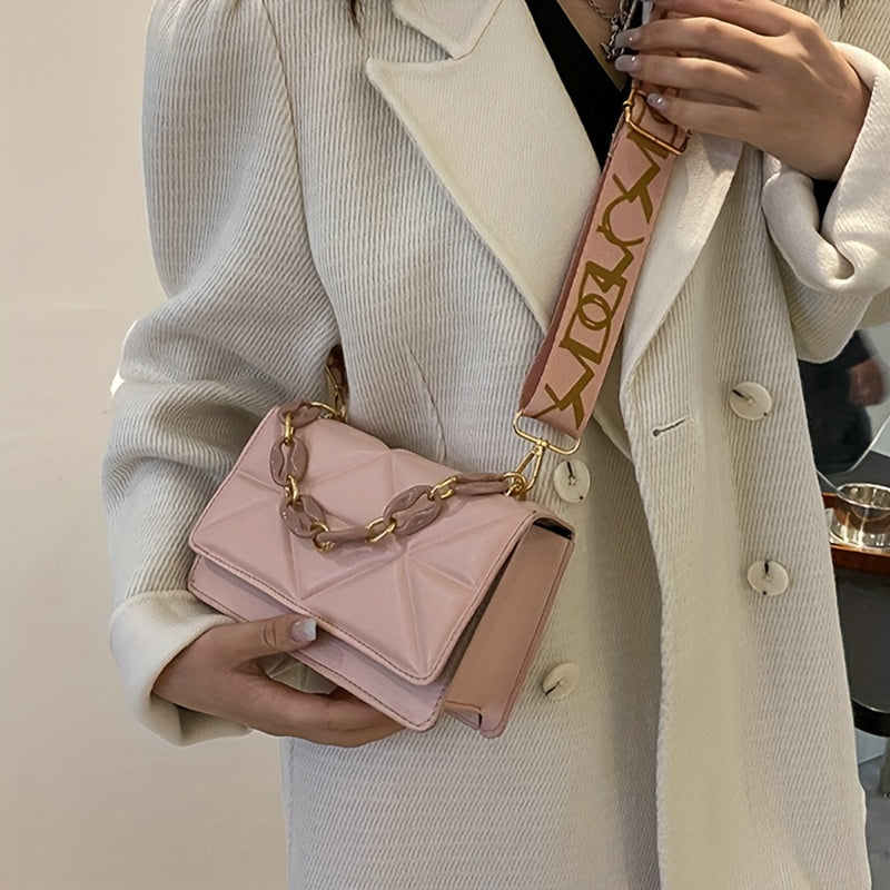 Retro Shoulder Bag, Fashionable Wide Strap Crossbody Bag, Western Style Chain Small Bag, Casual Women'S Sling Bag (White/Black/Pink/Brown)