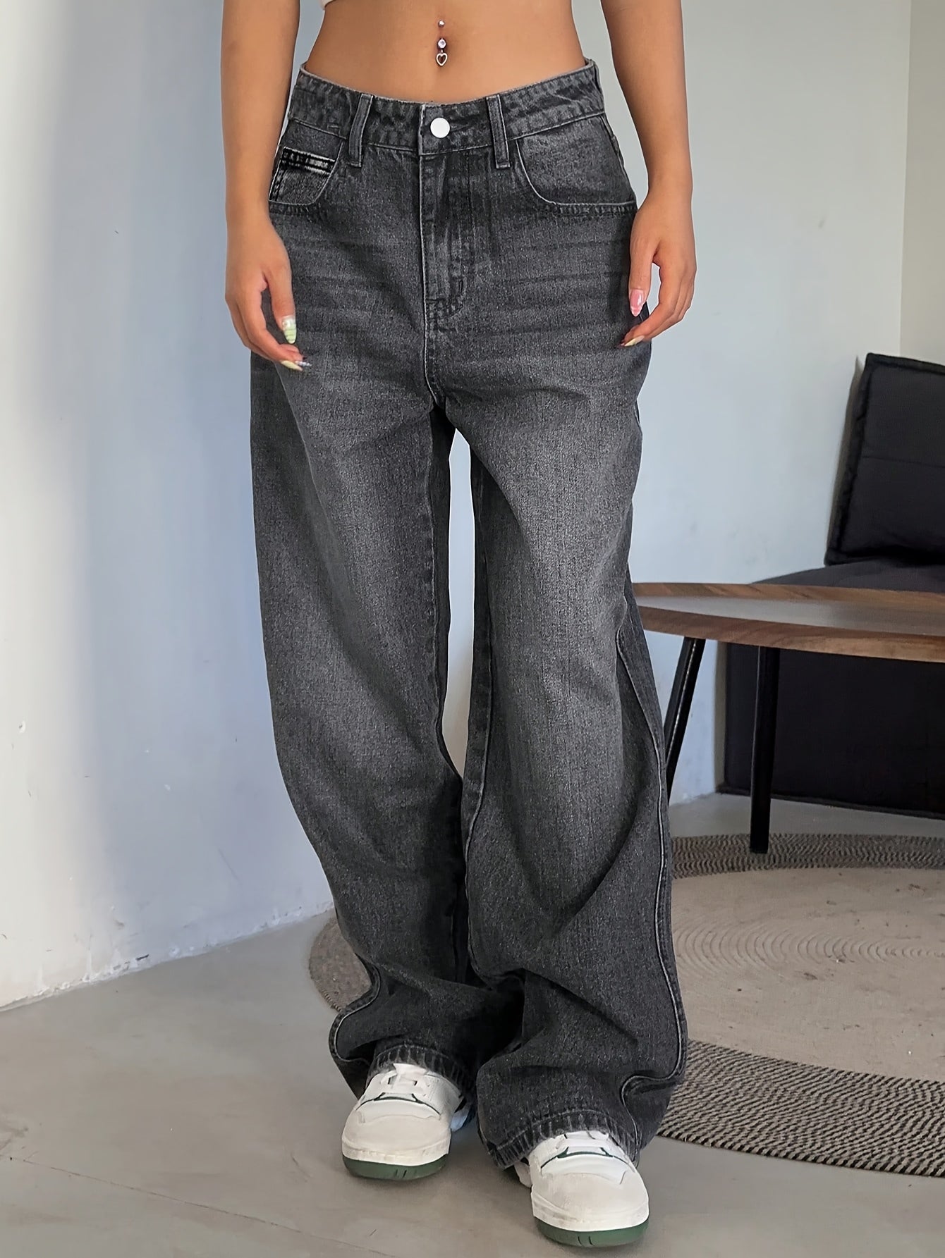 Women's Fashion Wide Leg Jeans, Casual High-Waisted Denim Pants with Pockets, All-Season Solid Color, Comfortable Slimming Design, 54.10% 35.10% Polyester 9.50% Viscose 1.30% Elastane