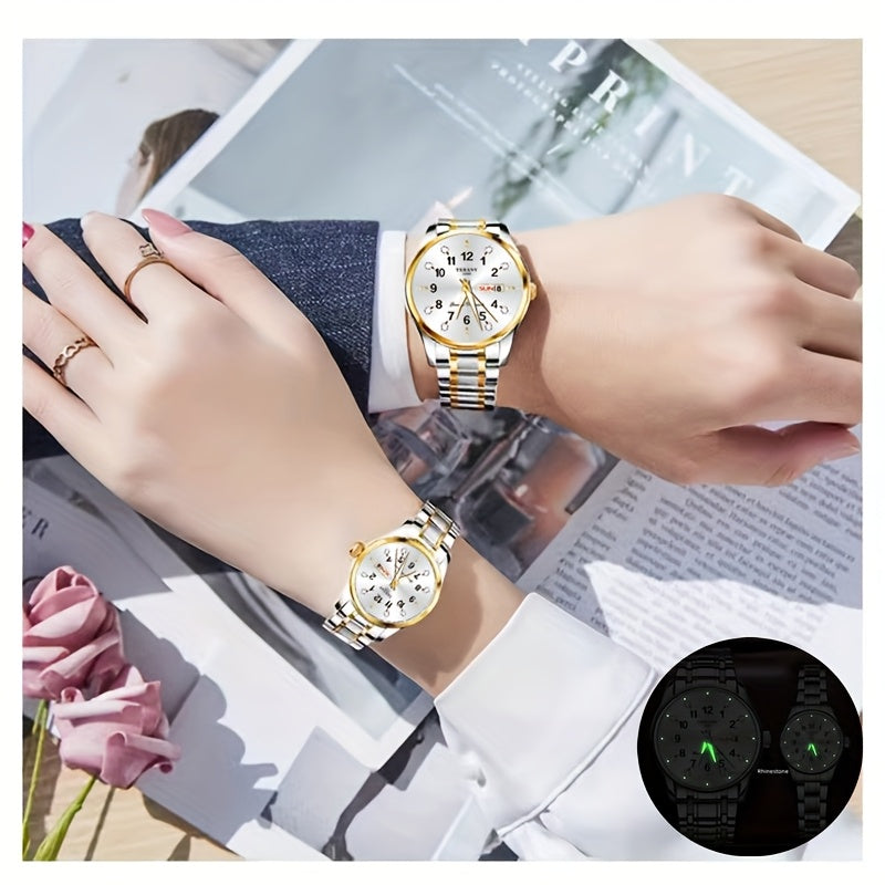 Two Stylish Digital Round Dial Couple'S Quartz Watches - IPX7 Waterproof, Luminous, Dual Calendar, Date and Day/Week Display, Alloy Strap Business Watches, Suitable for Women and Men, Valentine'S Day Gift Wristwatches