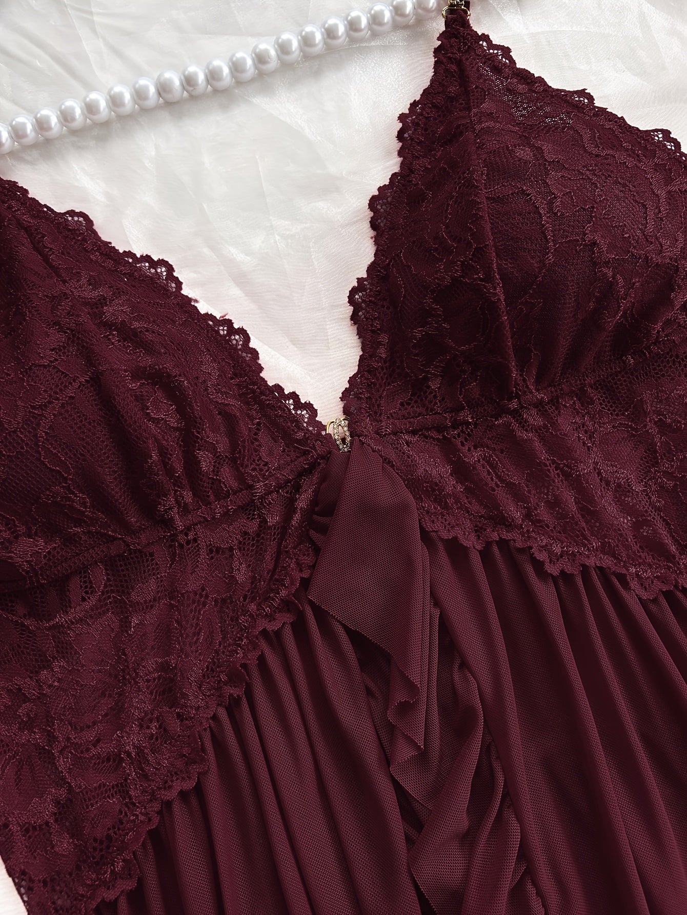 Sexy and Romantic Sleepwear Set, Solid Color Lace Camisole with Matching Panties, V-Neck Design Accentuating Elegant Neckline, Delicate Lace Pattern for Softness. Flared Hem and Ruffled Front Add Graceful Charm, Perfect for a