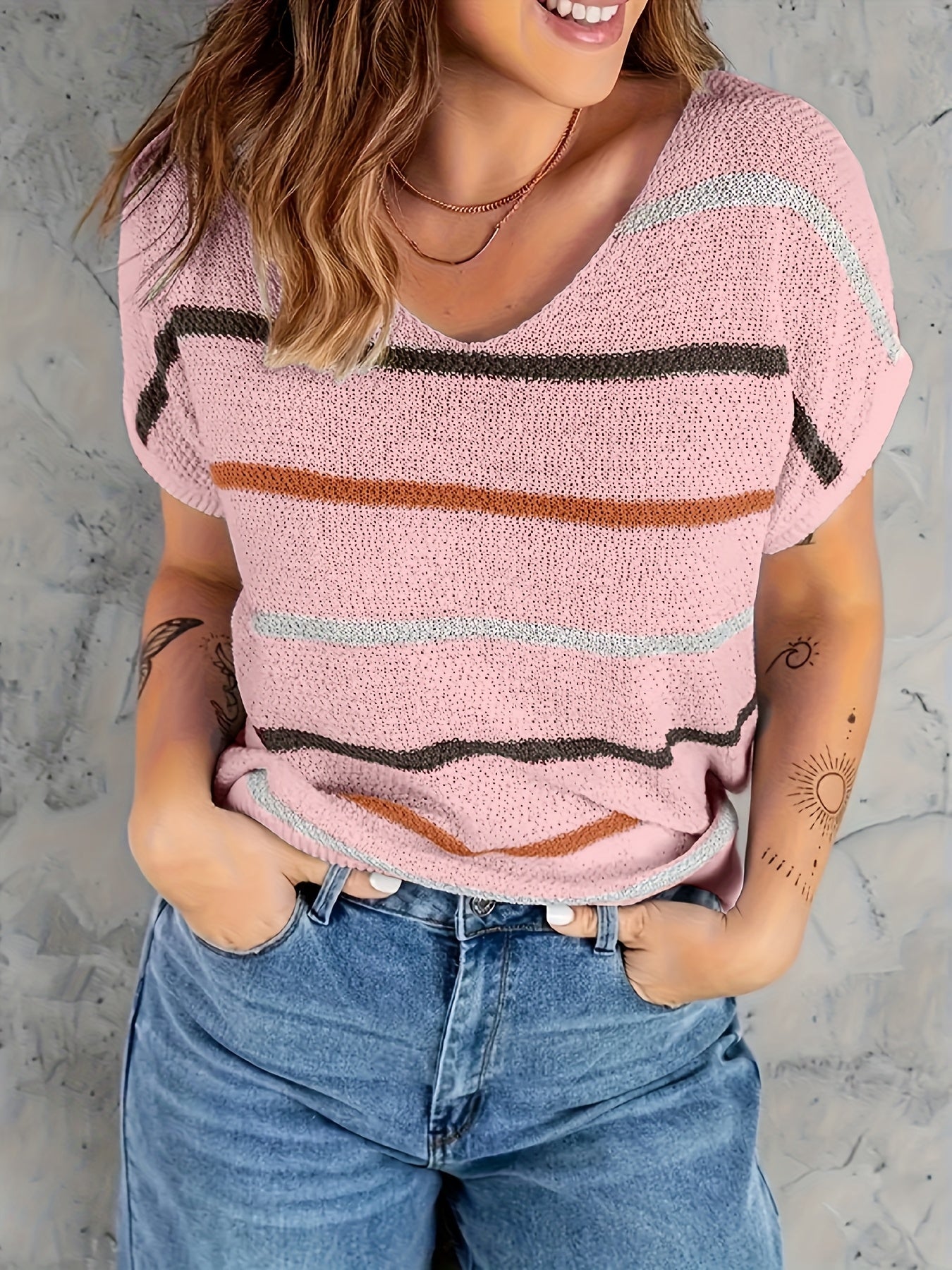 Women'S Casual Spring/Summer Striped T-Shirt - Short Sleeve Pullover with V-Neck, Side Stripes, and "LOVE" Graphic, Lightweight Knit Top for Casual Attire, Casual Wear | Graphic Tee | Knit Texture