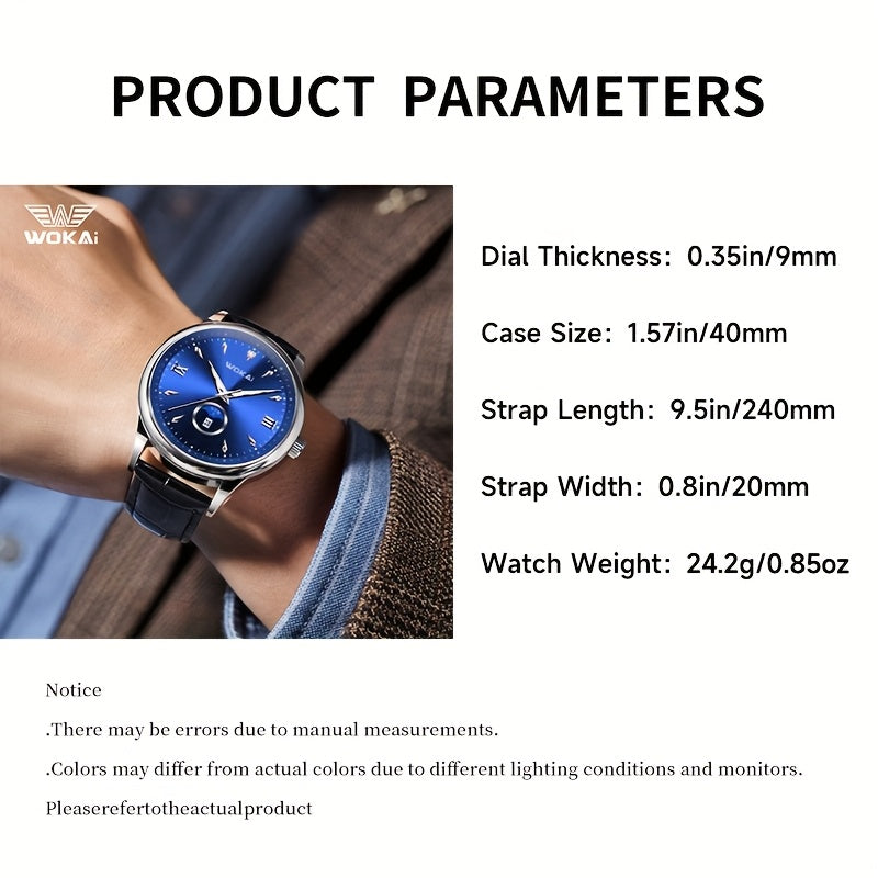 WOKAI Men's Sporty Watch with Glowing Dial, World Time & Date, Round Plastic Case, Faux Leather Strap, Battery-Powered, Perfect Gift for Spring & Summer