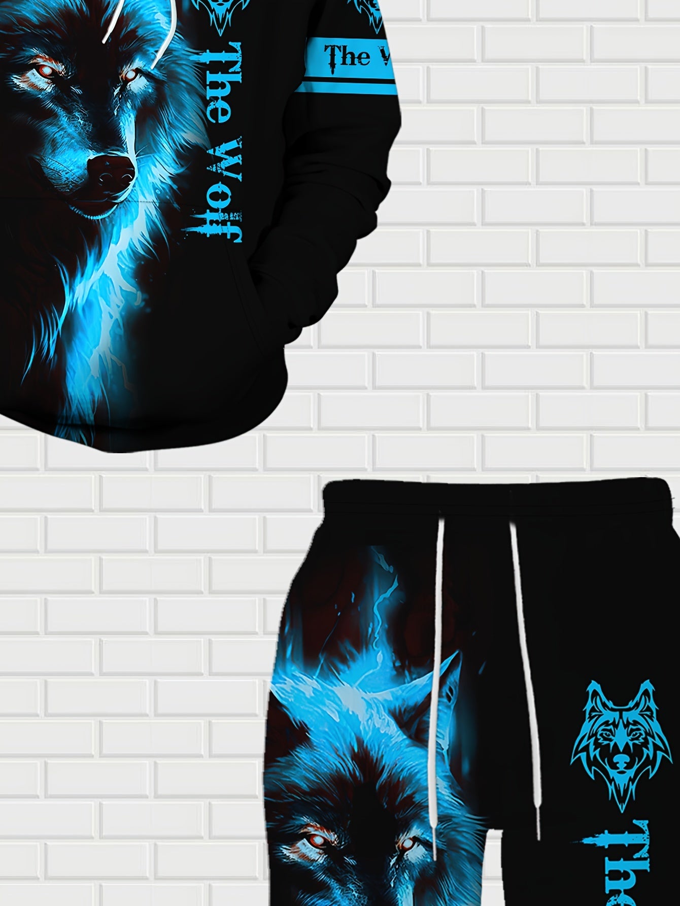Men'S Wolf Print Hooded Sweatshirt and Joggers Set, Casual Polyester Knit Fabric, Slight Stretch, Regular Fit, Comfortable Long Sleeve Pullover for Spring/Fall, Weekend Casual Wear