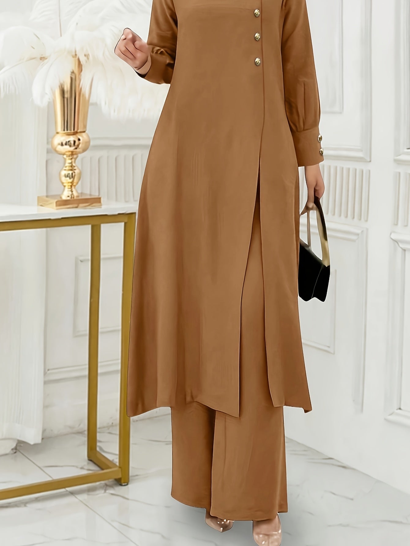 Ramadan, Women's Front-Button Long Sleeve Slit Dress & Pants Casual Arabic Style 2pcs Set, Only Clothes, Without Headscarf