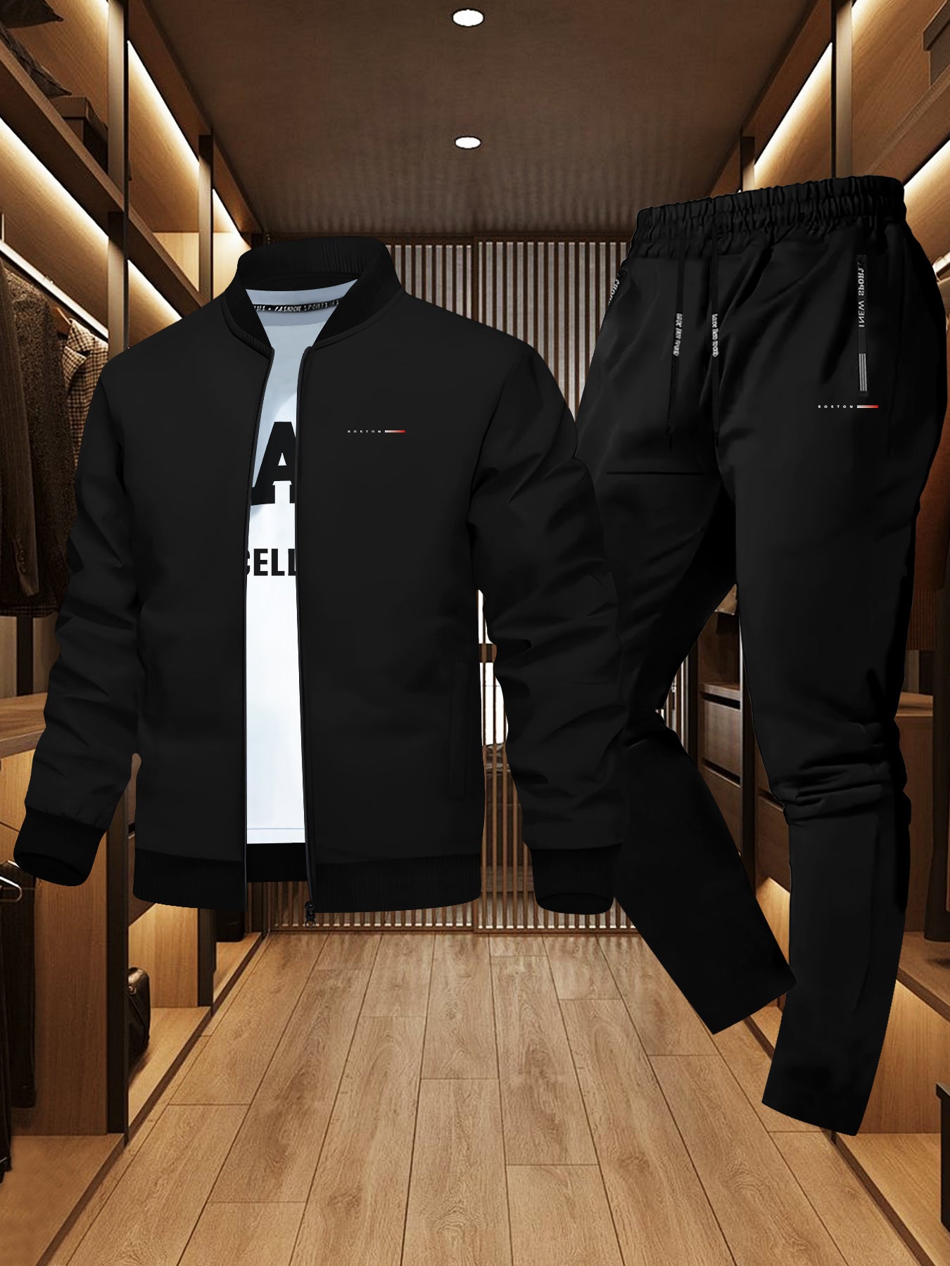 Men'S Trendy Boston Print Jacket and Sweatpants Set - Casual Sporty Outfit with Zipper Detail, Long Sleeves, and Elastic Waistband, Perfect for Fall/Winter