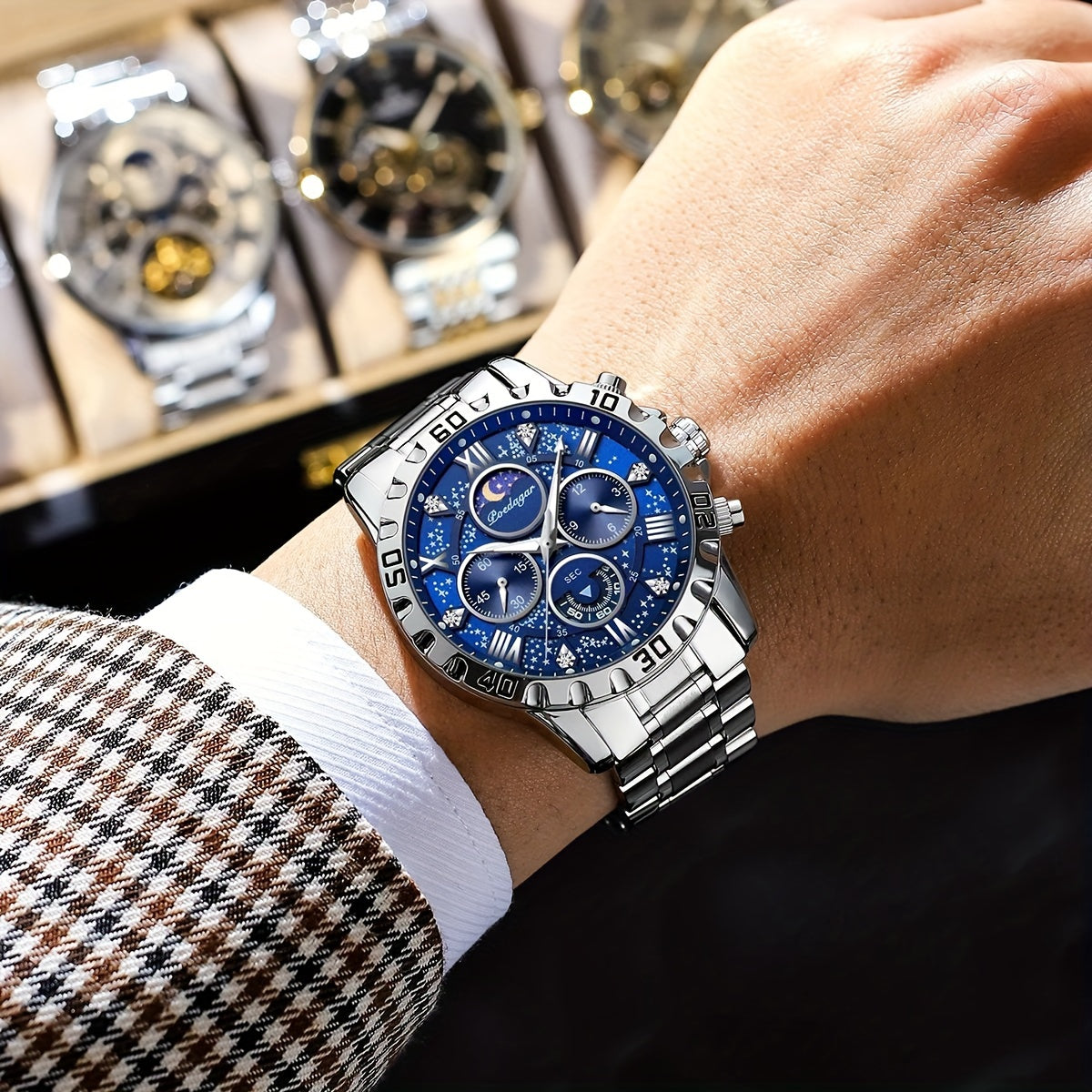 POEDAGAR Men'S Luxury Stainless Steel Quartz Watch with Moon Phase and Calendar - Waterproof, Night-Glow Hands, and Detailed Dial for Business and Formal Attire, Formal Watch | Detailed Watch Face | Quartz Movement