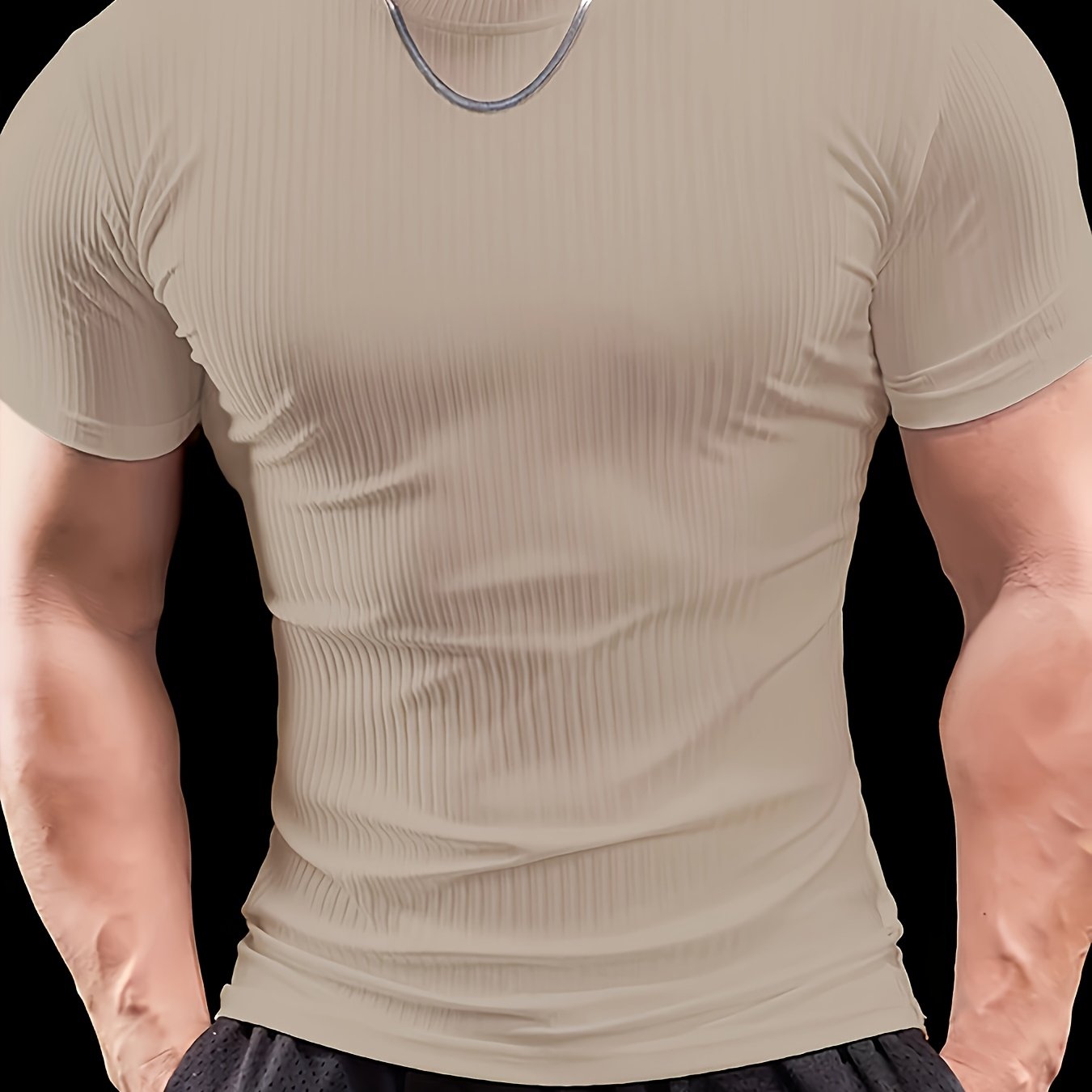 Men's Slim Fit Ribbed Short Sleeve T-Shirt - Stretchy Athletic & Casual Wear, Green, Round Neck, Machine Washable, Muscle-Enhancing Design, Gym Shirts