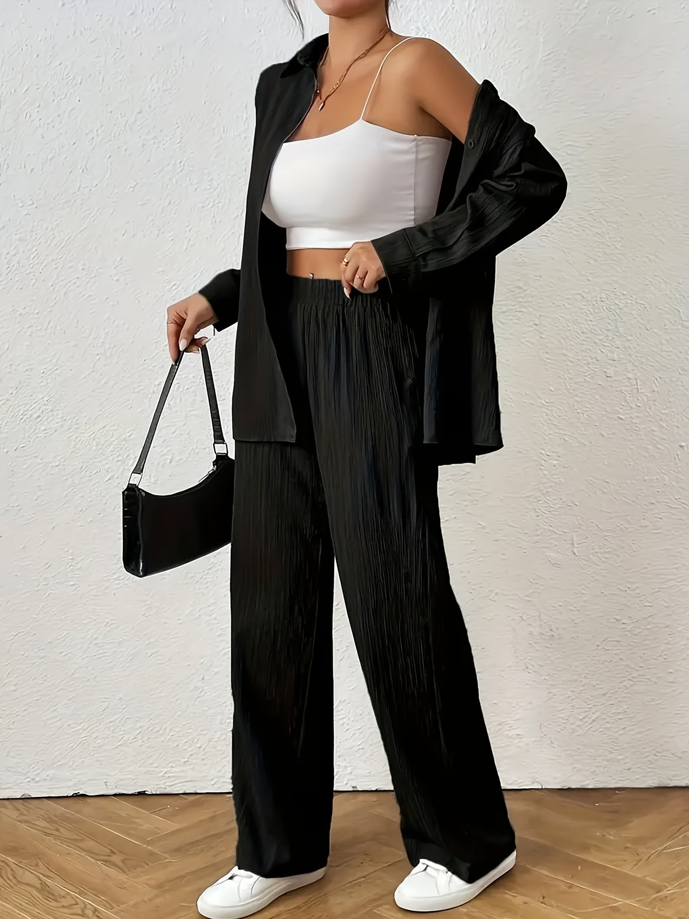Women'S Casual Solid Color Long Sleeve Shirt + Long Pants 2pcs Set for Spring And Autumn.