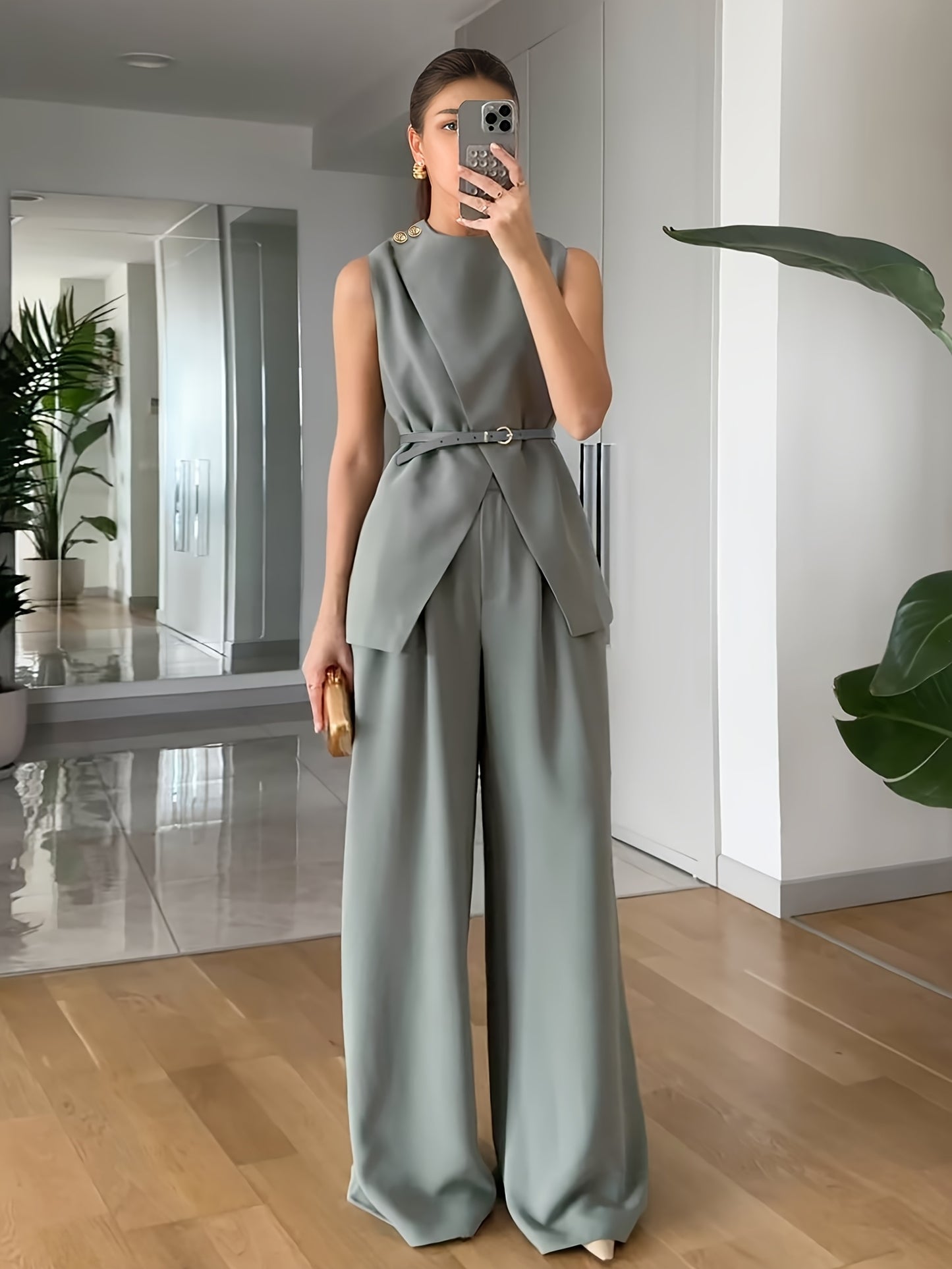 Urban Commute Casual Elegant Two-Piece Set with Unique Cross-Cut Sleeveless Belted Waist Design High-Waisted Wide-Leg Pants, Comfortable and Versatile for Various Occasions