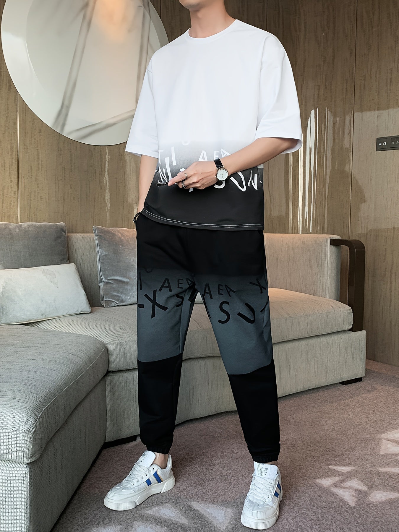 Men's Summer Casual Cotton Blend Outfit Set - Gradient Color Short Sleeve T-Shirt & Stylish Drawstring Shorts, Machine Washable