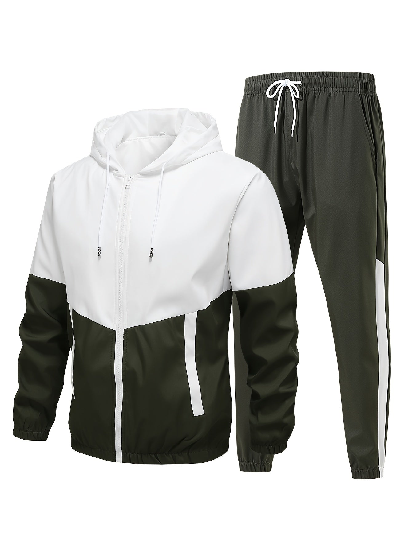 Men's Casual Athletic Hoodie and Pants Set - Color Block Design, Polyester, Machine Washable, Spring/Fall Sportswear, Blue & White Two-Piece Outfit, Everyday Activewear|Modern Athletic Look|Polyester Sportswear