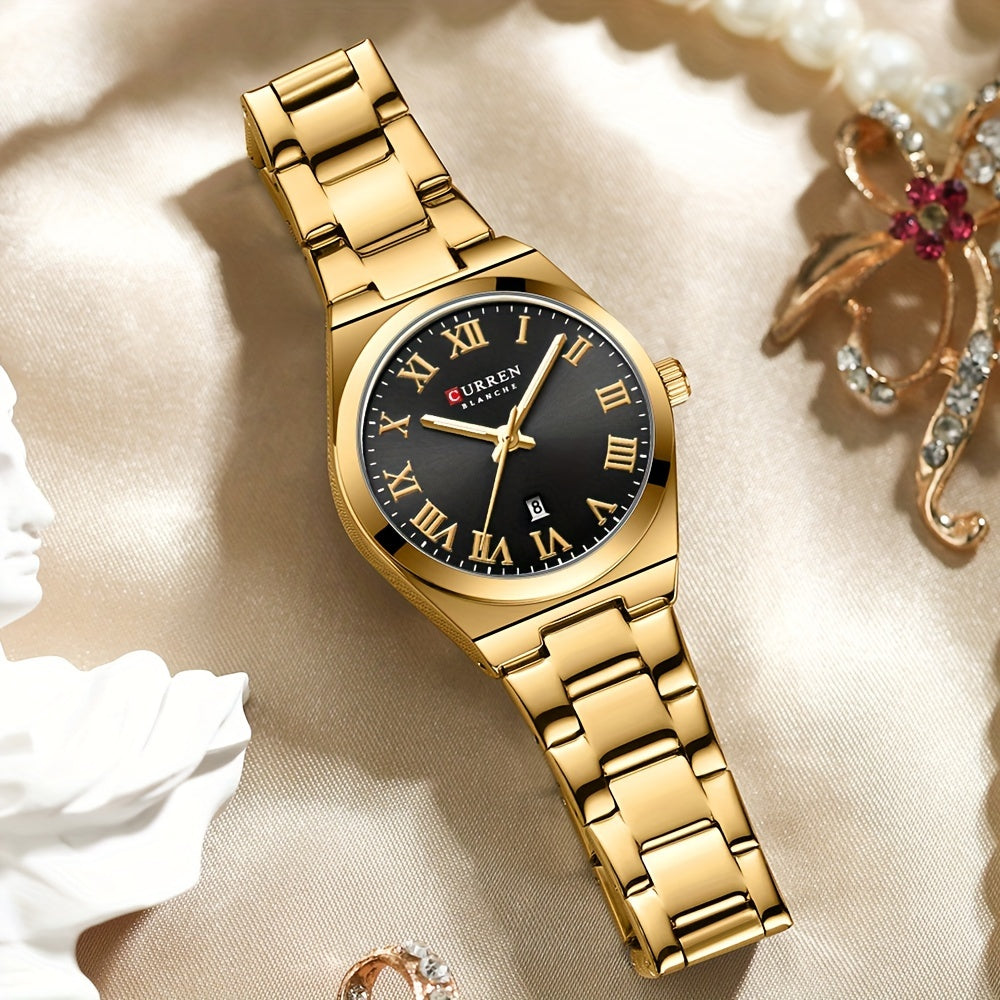 Fashionable Brand Of CURREN Ladies' Watches With A Casual And Simple Stainless Steel Strap, Featuring A Calendar And Quartz Movement.