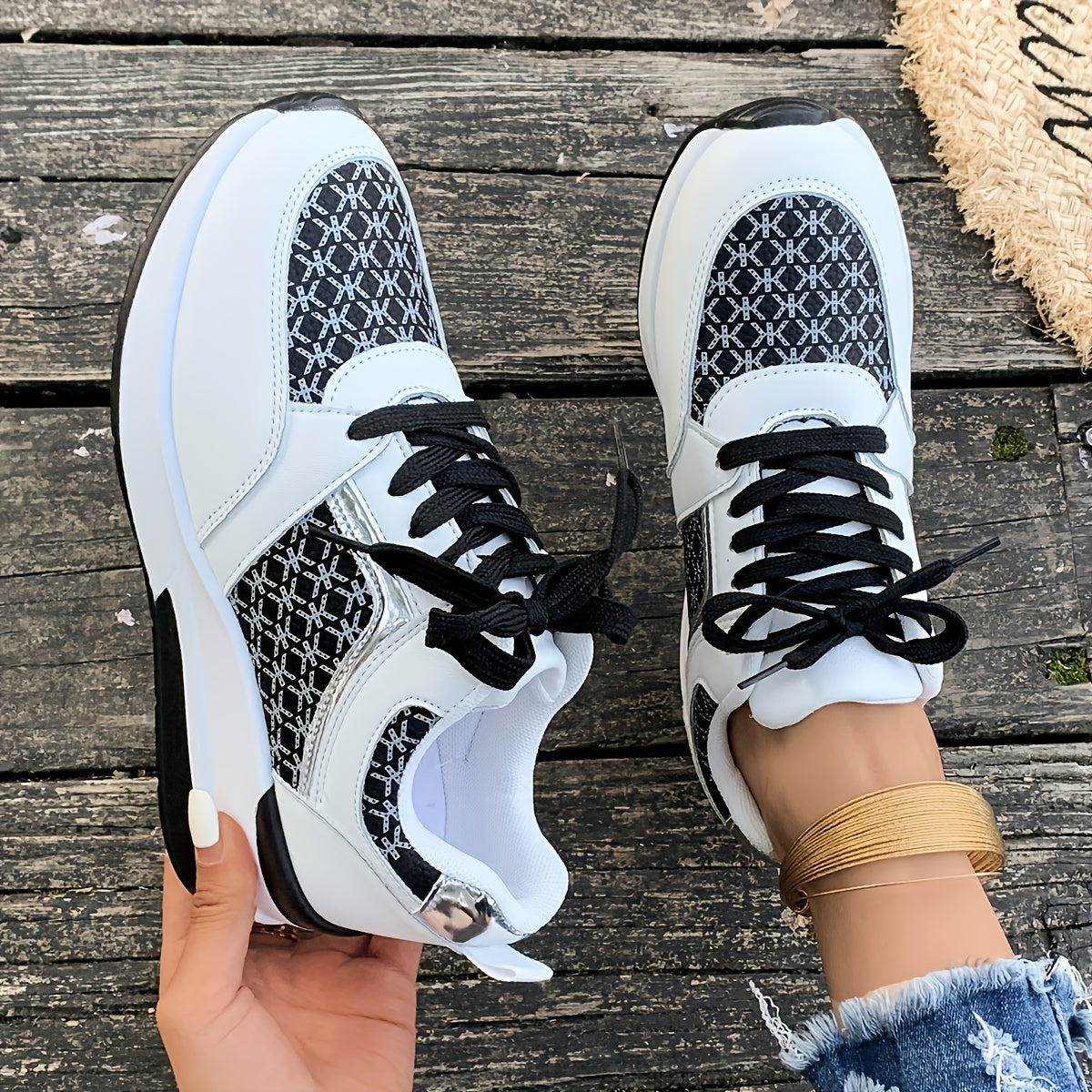 Women'S Plus Size Casual Sneakers - White Synthetic Cover Low-Top Lace-Up Shoes with Golden-Tone Accents, EVA Sole & Breathable Fabric Lining for Summer Comfort, Ladies Sneakers, Comfortable Footwear, Durable Footwear